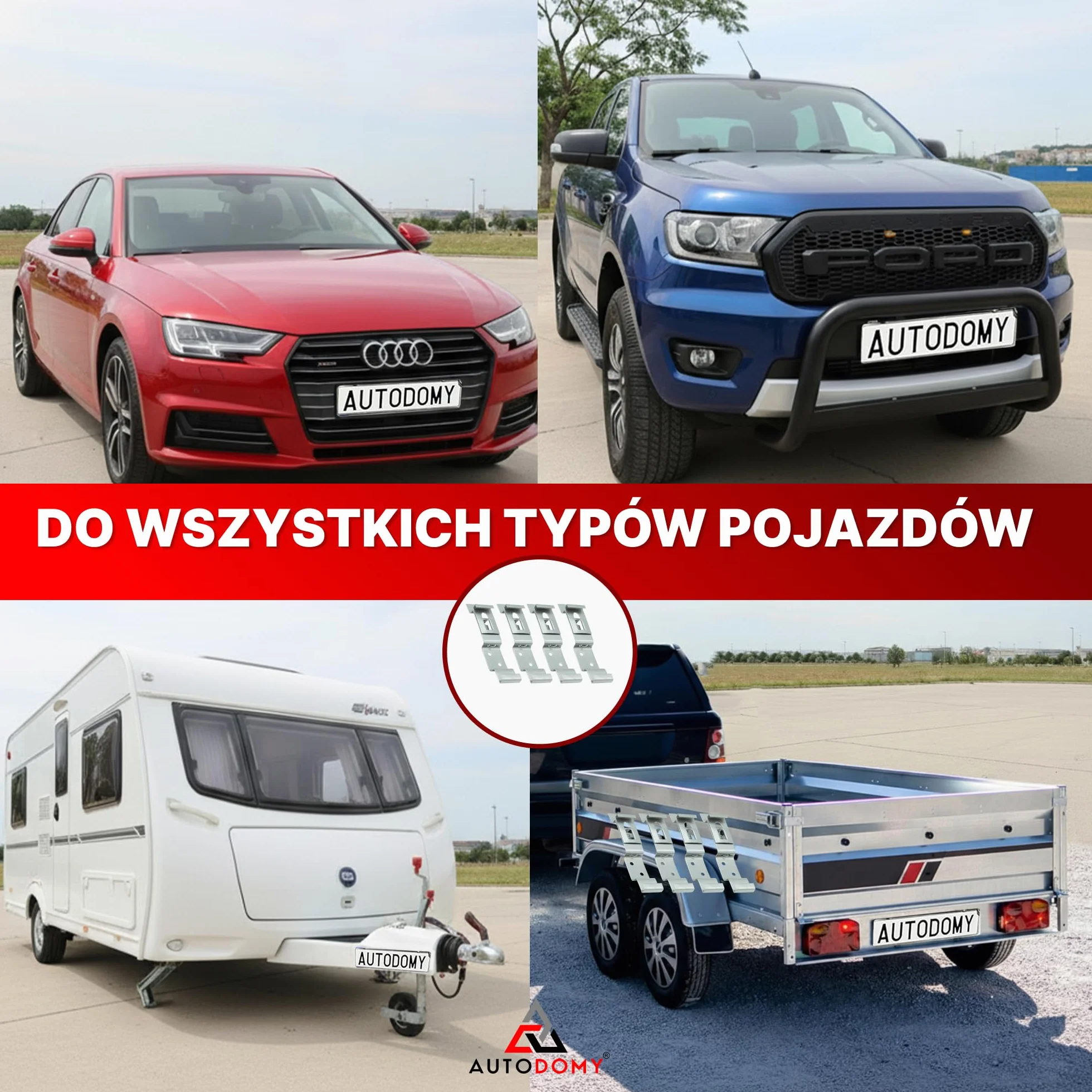 Autodomy Zestaw 4 Uchwytów na Tablicę Rejestracyjną do Przyczepy 125x25 mm | Uniwersalny Stalowy Uchwyt Tablicy Rejestracyjnej + 8 Wkrętów | Do Samochodu, Przyczepy, Ciężarówki
