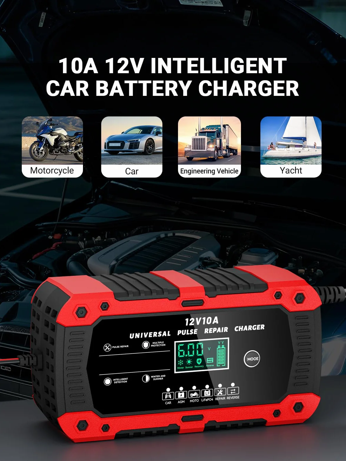 Ładowarka Akumulatorowa 12V 10A LiFePO4, Inteligentna Prostownik Samochodowy do Auta i Motocykla z Trybem Naprawy, Wyświetlacz LCD, do AGM GEL SLA WET LiFePO4