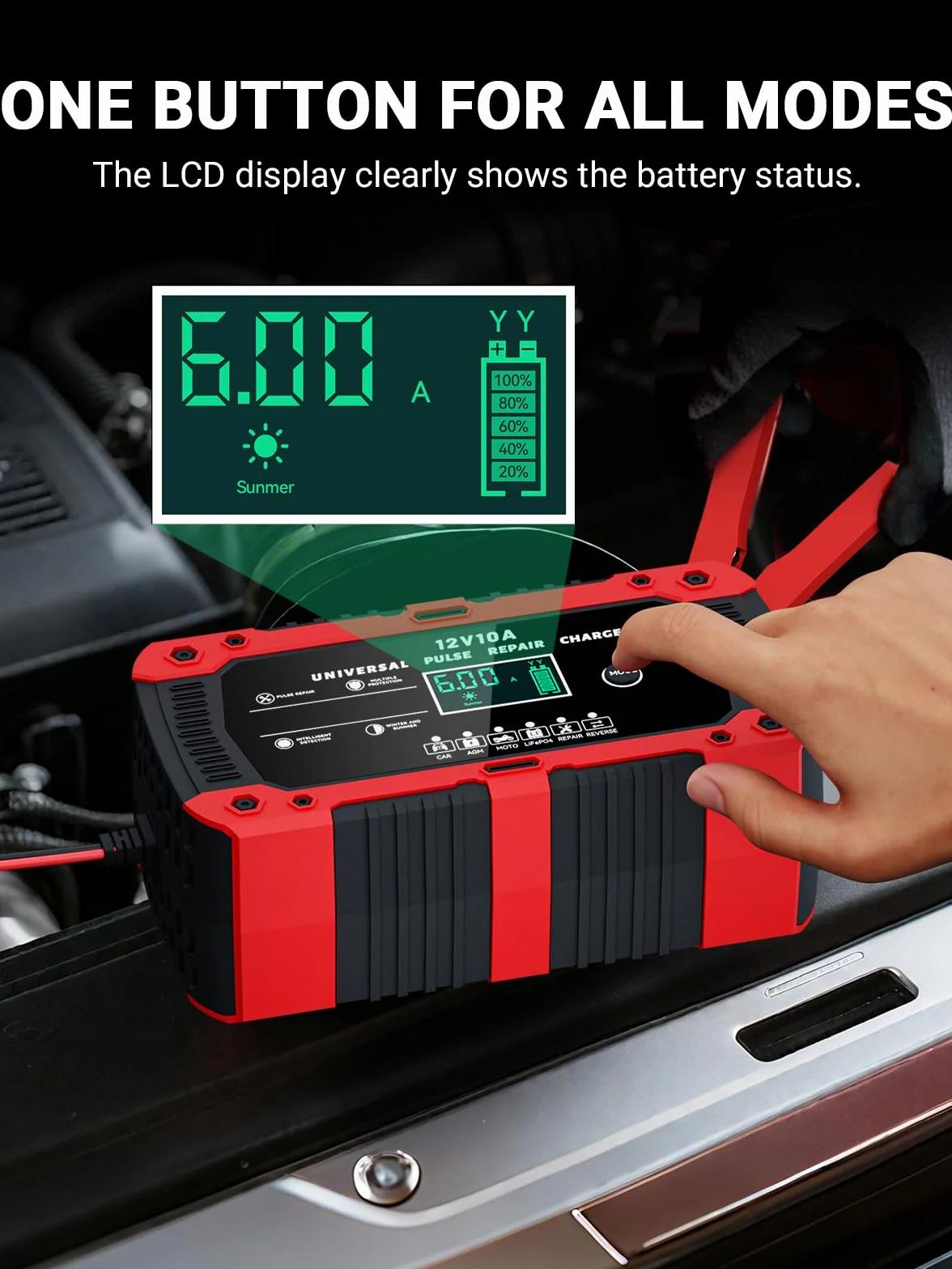 Ładowarka Akumulatorowa 12V 10A LiFePO4, Inteligentna Prostownik Samochodowy do Auta i Motocykla z Trybem Naprawy, Wyświetlacz LCD, do AGM GEL SLA WET LiFePO4
