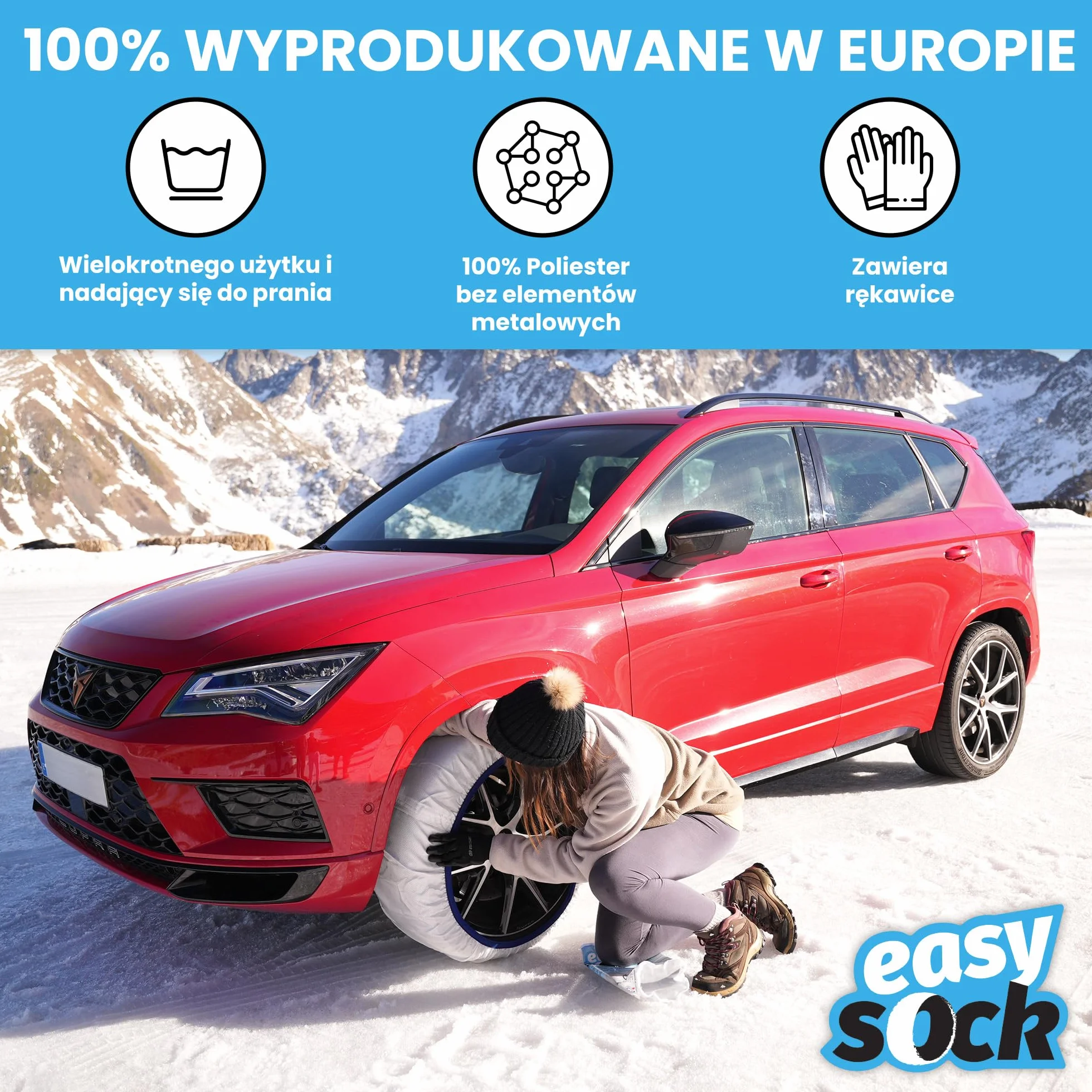 Easysock L - Tekstylne łańcuchy śniegowe do samochodu, Zatwierdzony zgodnie z normą EN 16662-1 - Tekstylne codzienne łańcuchy na śnieg i lód - 2 sztuki w zestawie