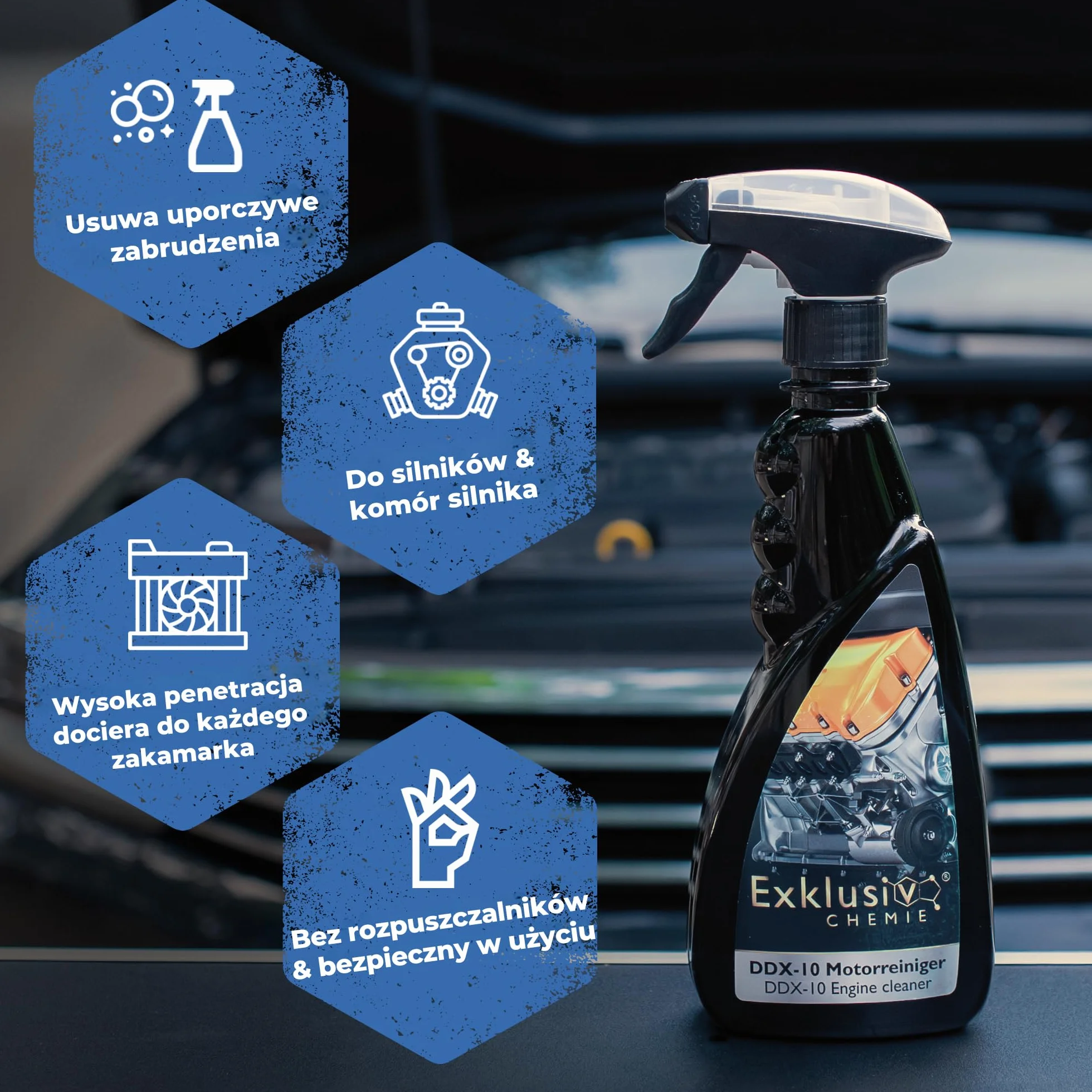 Exklusiv Chemie® Środek do czyszczenia silnika, rozpuszcza brud, olej, żywicę, środek do usuwania smoły, środek do czyszczenia silnika na zimno, środek do czyszczenia silnika, środek do czyszczenia części, odtłuszczacz, 500 ml