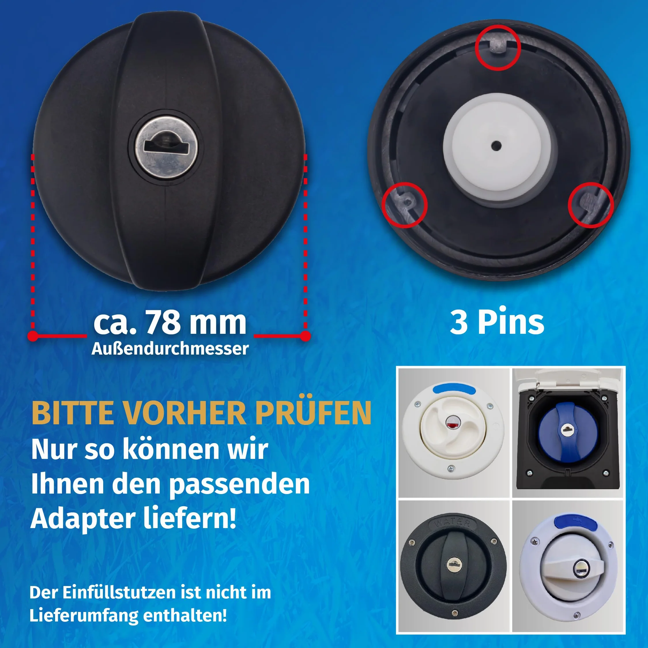 MaJoCompTec WATERTWIN Pokrywa wlewu paliwa z przyłączem wody, przyłącze do króćca wlewu wody, akcesoria do przyczep kempingowych wersja PRO + filtr + zawór adapter 3-pinowy D:78