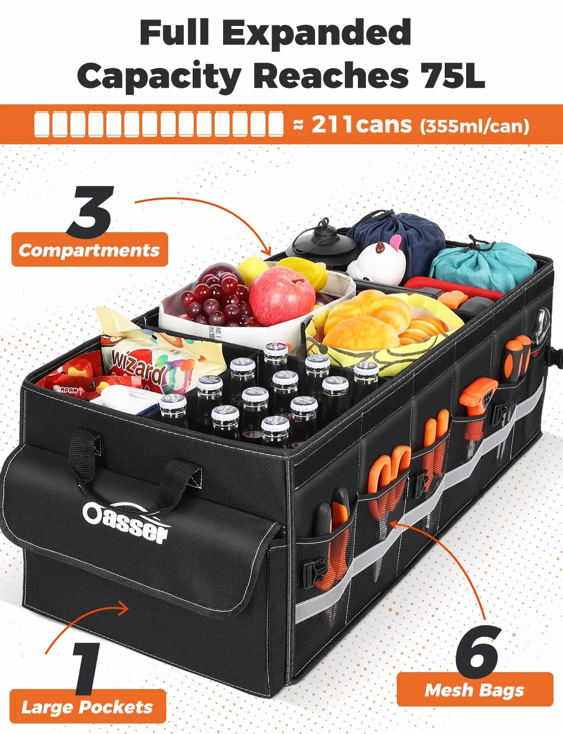 Oasser Organizer do bagażnika składany 75L z miękką pokrywą 4 przegrody organizer samochodowy ładowność 30kg uniwersalny bardzo duży czarny