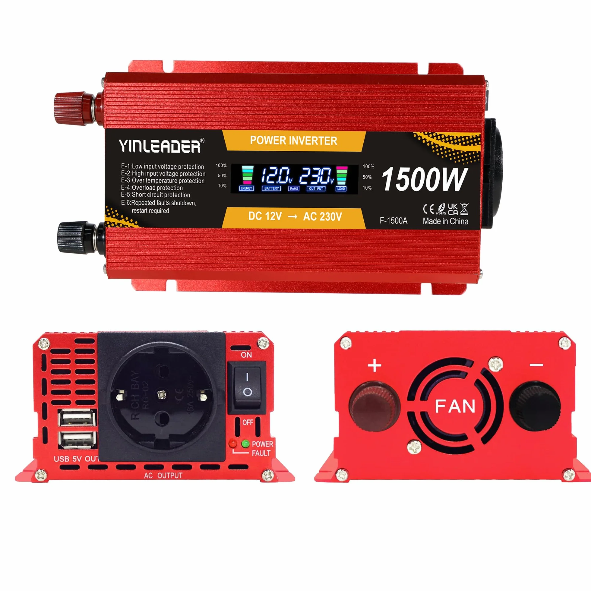 Przetwornica napięcia 1500W 12V 230V falownik z dużym wyświetlaczem