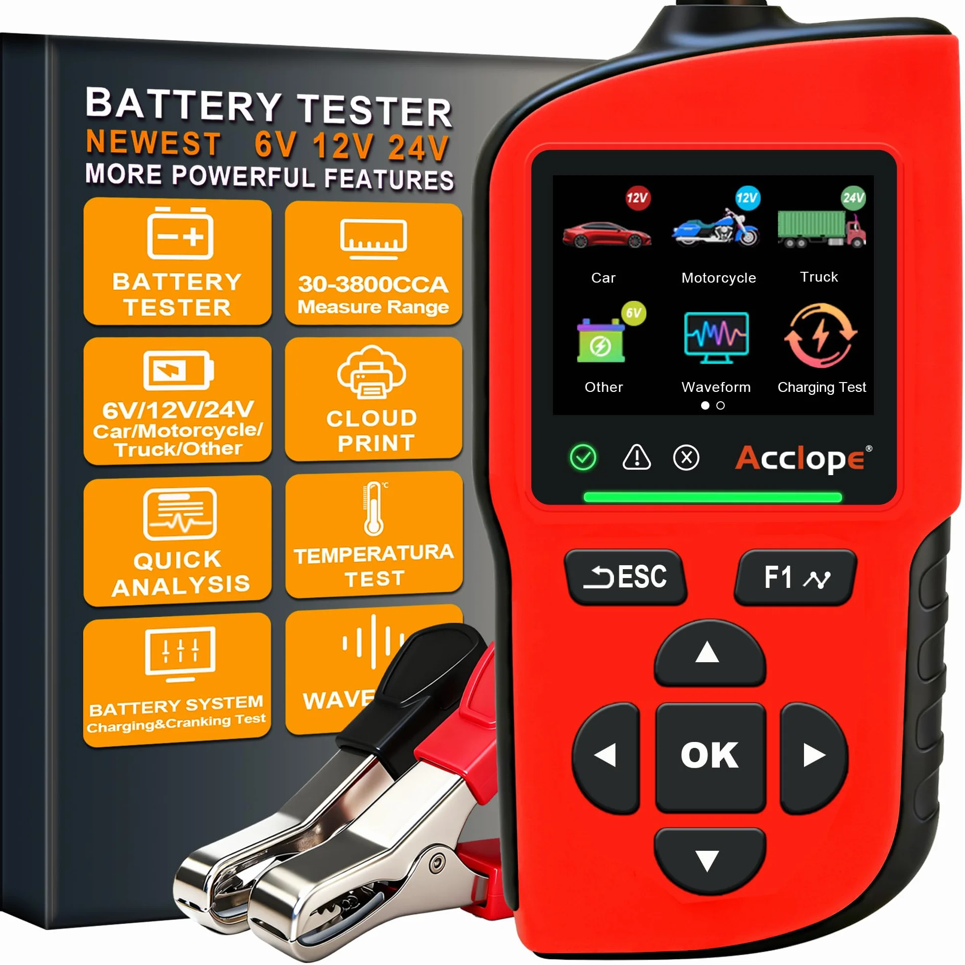 BT90 PRO tester baterii, 6 V/12 V/24 V, do AGM/EFB/GEL/LiFePO4, 2-360 Ah, 30-3800 CCA, z nadrukiem w chmurze, test systemu start-stop, czarny, SAE/EN/IEC/CA/MCA, SOH/SOC/napięcie/rezystancja