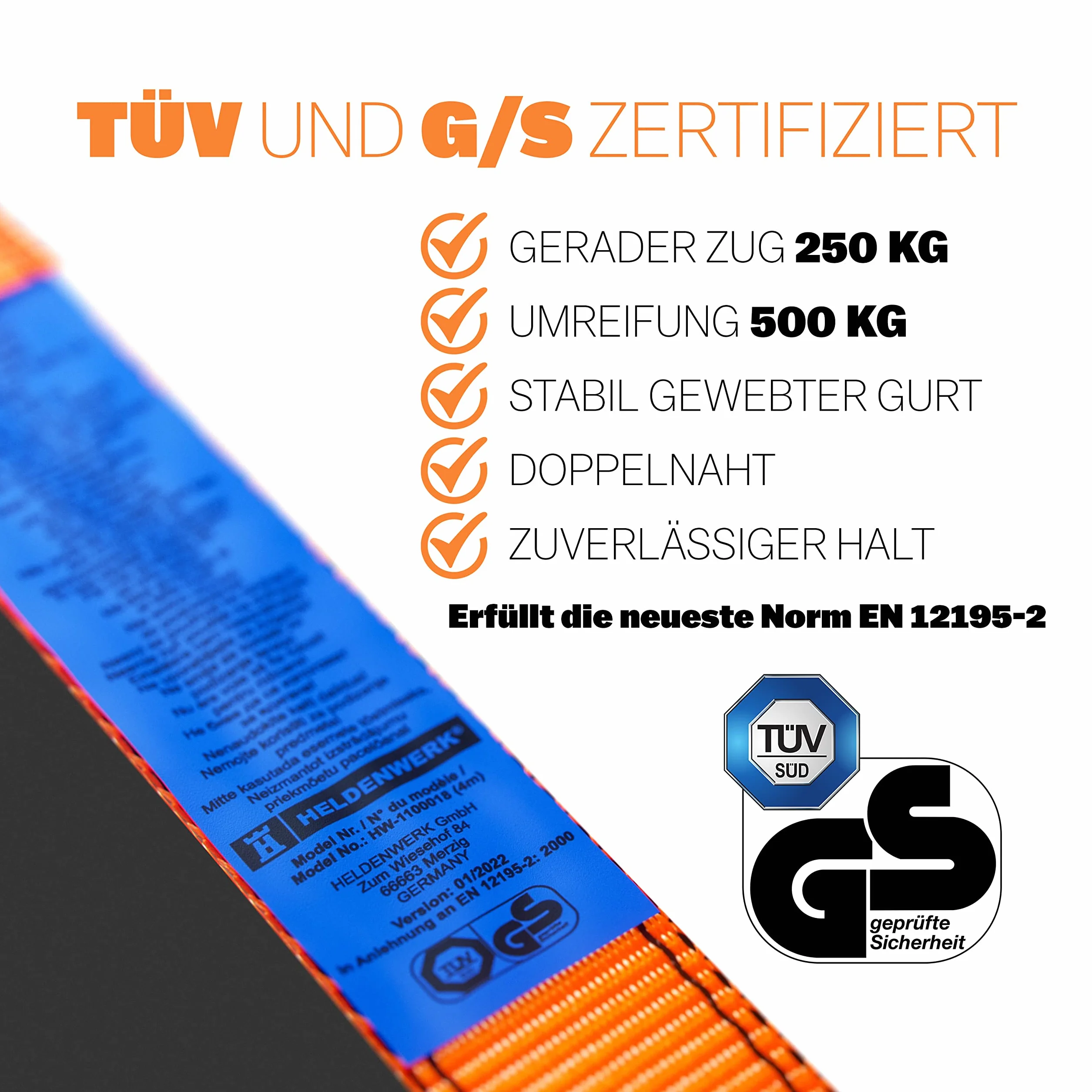 HELDENWERK Zestaw 4 pasów mocujących z grzechotką o długości 4 m, 5 m lub 6 m, pasy z grzechotką certyfikowane TÜV/GS z podwójnym szwem I pasy mocujące odporne na warunki atmosferyczne i wytrzymałe