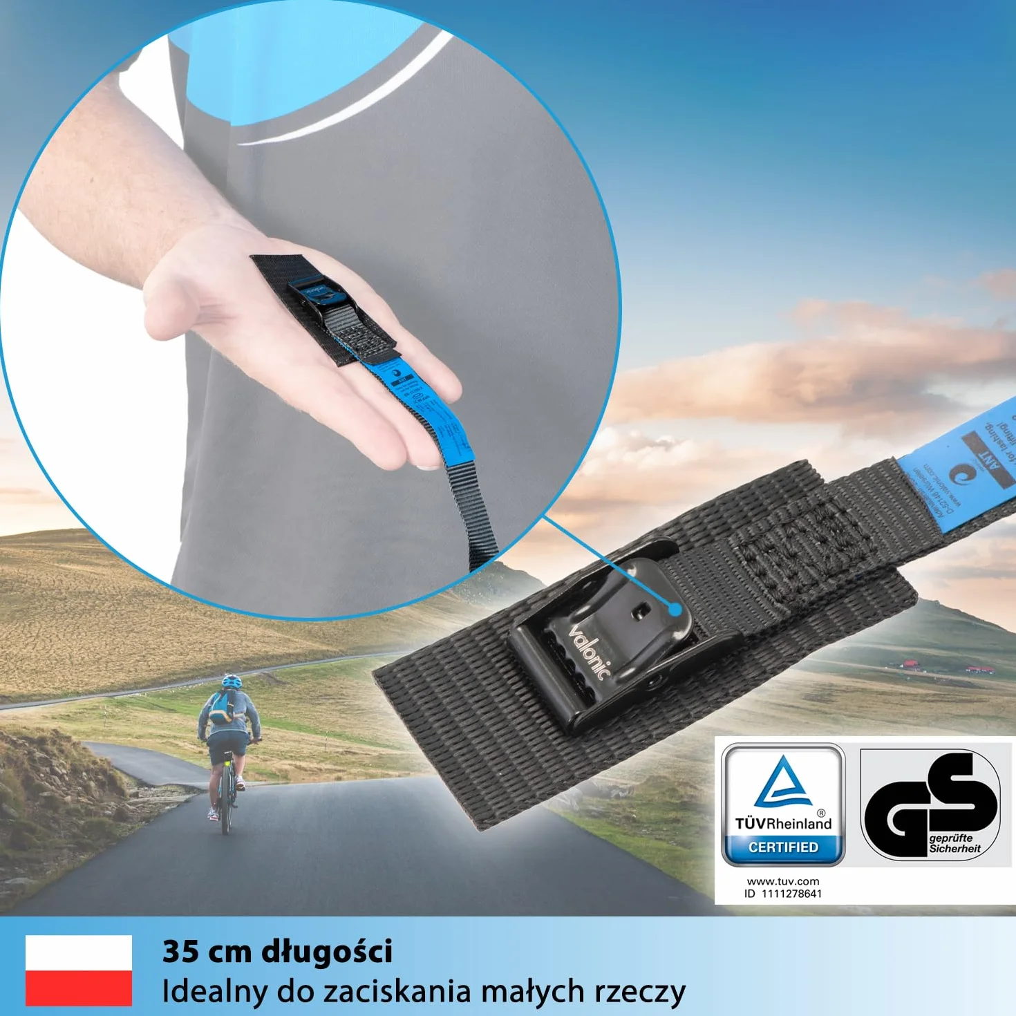 valonic ANT - 4x 35cm krótkie pasy mocujące, z podkładką, 80Kg, 19mm, certyfikat TÜV Rheinl. / GS, EN-12195-2 - do bagażnika rowerowego, pas mocujący z zamkiem zaciskowym, czarny - box dachowy, rower