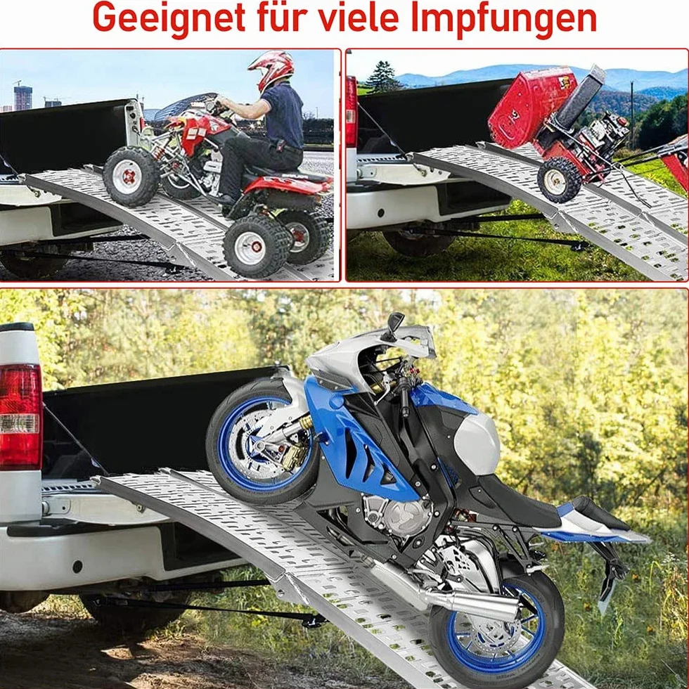 Ikodm 2 x aluminiowa rampa najazdowa, składana, aluminiowa, nośność do 680 kg, szyna załadunkowa, antypoślizgowa, składana, do motocykli, ATV, quadów, samochodów osobowych, srebrna