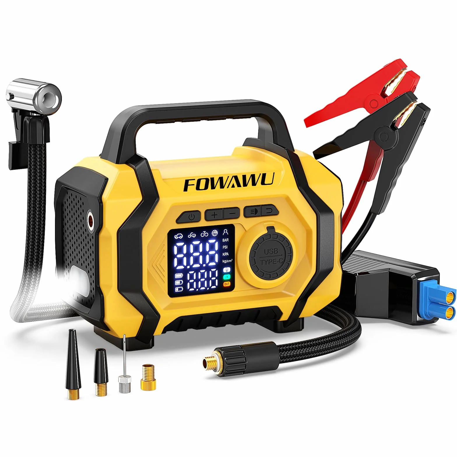 The FOWAWU 8000 A Powerbank combines the functions of an air compressor and a car jump starter, capable of reaching pressures of up to 150 PSI