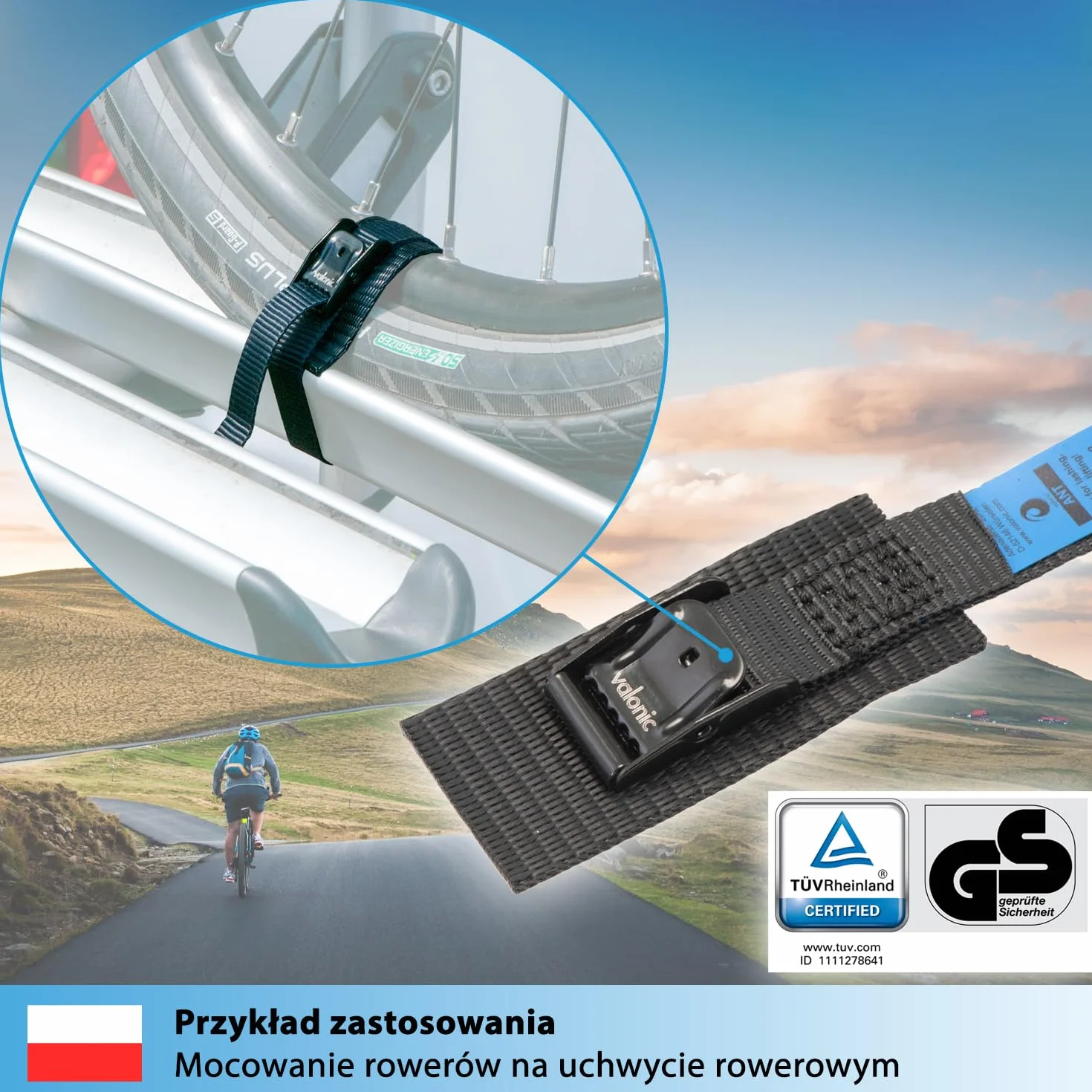 valonic ANT - 4x 35cm krótkie pasy mocujące, z podkładką, 80Kg, 19mm, certyfikat TÜV Rheinl. / GS, EN-12195-2 - do bagażnika rowerowego, pas mocujący z zamkiem zaciskowym, czarny - box dachowy, rower