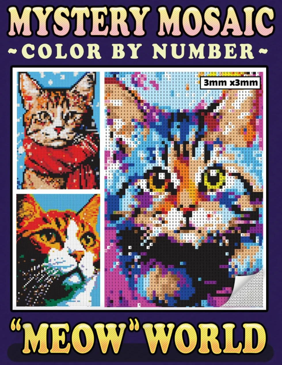 Mystery Mosaics Color By Number Meow World: Pixel Art Coloring Book for Cat Lovers, Color Quest to Uncover Cat's Meowsterpieces for Purrfect Relaxation