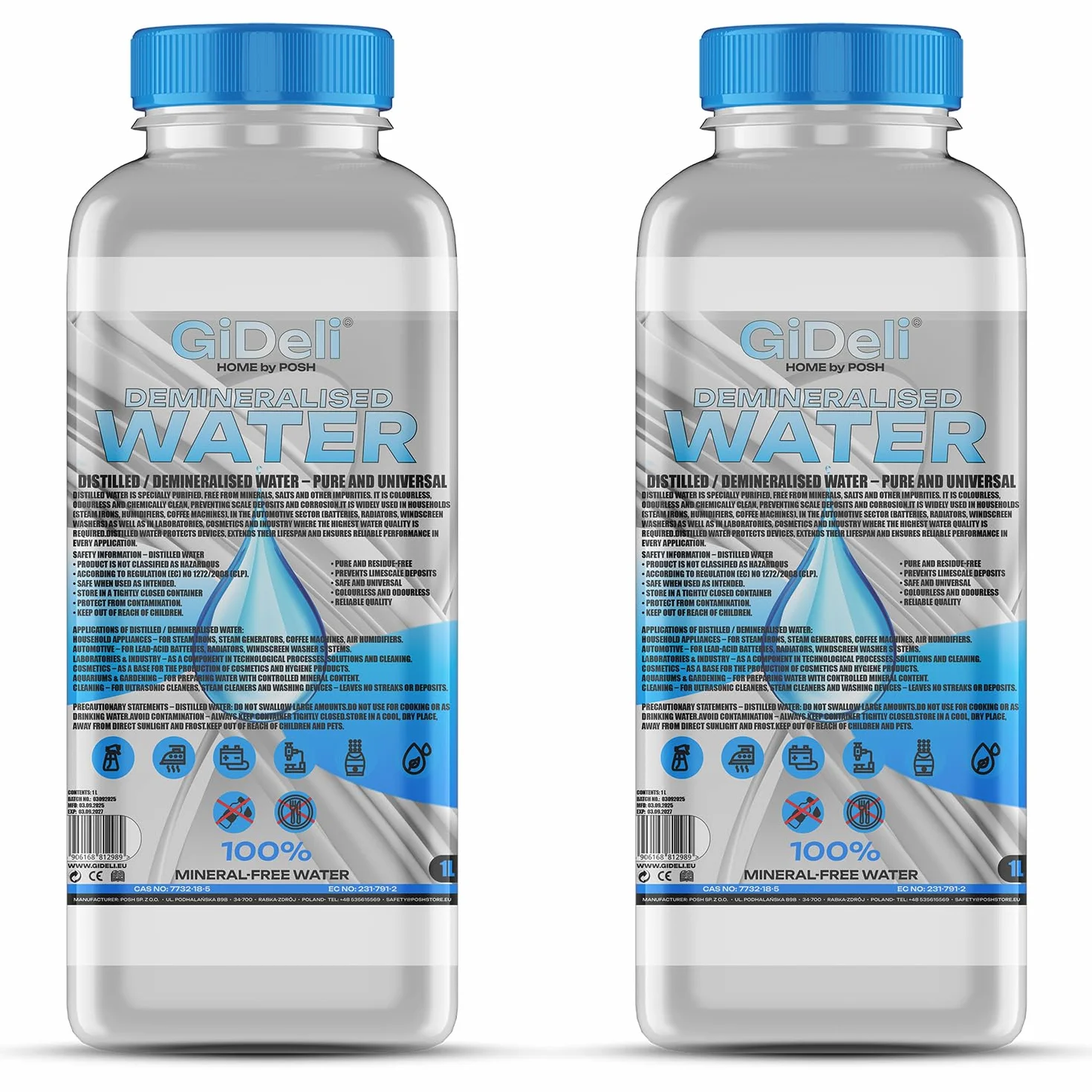 GiDeli Woda demineralizowana, 2 x 1 l, woda destylowana do żelazka, baterii, chłodnicy, nawilżacza powietrza, akwarium i laboratorium, bez kamienia, bezzapachowa, przezroczysta