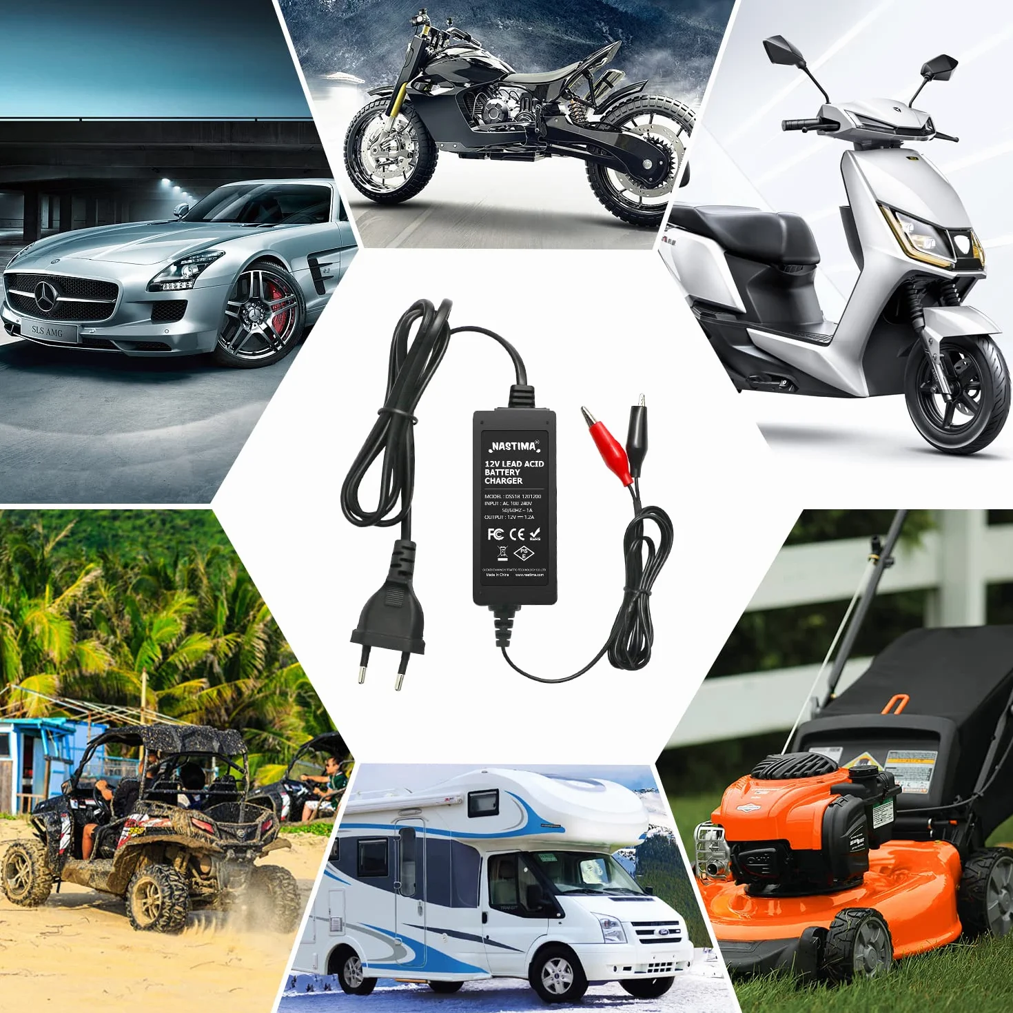NASTIMA Ładowarka 12V 1200mA z wieloma zabezpieczeniami przed zwarciem i przeładowaniem do samochodu, motocykla, pojazdów elektrycznych, ATV, kamperów z akumulatorem ołowiowym