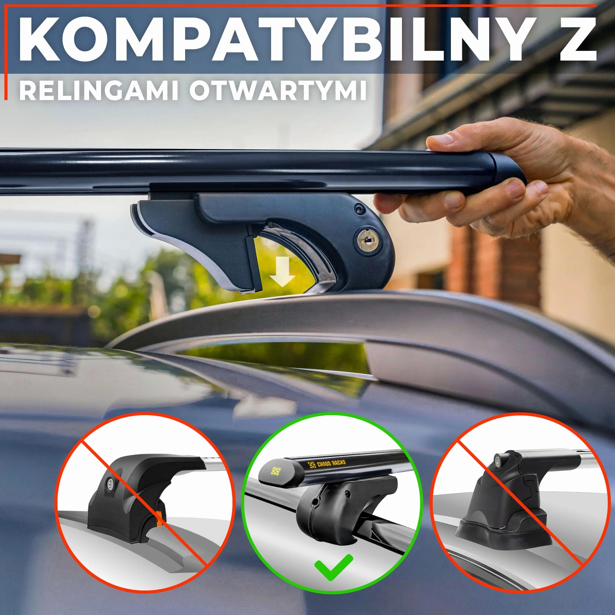 CHAOS RACKS | Uniwersalny Bagażnik Dachowy do Relingów Otwartych; Belki Dachowe; Bezpiecznie Przewieź Boks Dachowy, Bagażnik Rowerowy, Drabinę; Lekka i Wytrzymała Konstrukcja z Aluminium; 120 cm