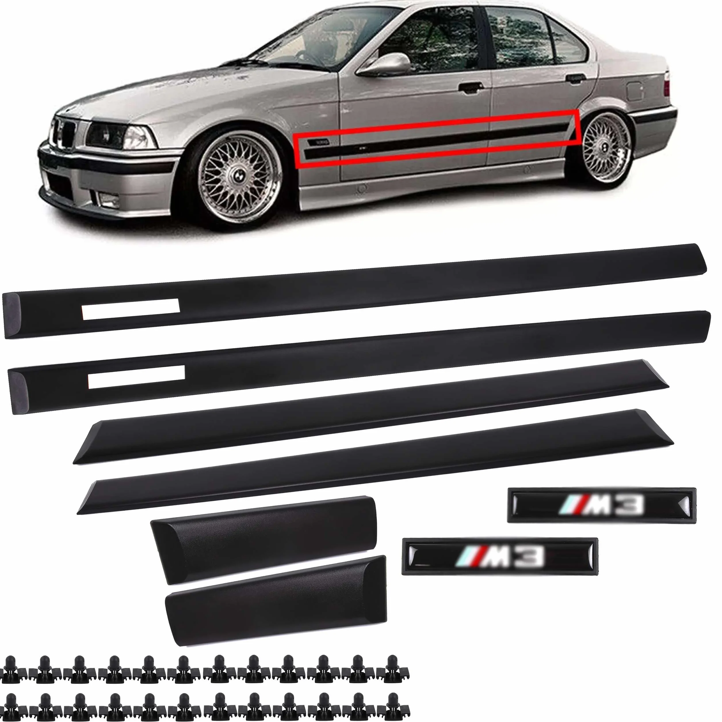 INLY 6-częściowe listwy drzwiowe, listwy boczne, listwy zderzaków, listwy ozdobne w stylu M, kompatybilne z 3 serii E36 Limousine/Touring (1990-1999)