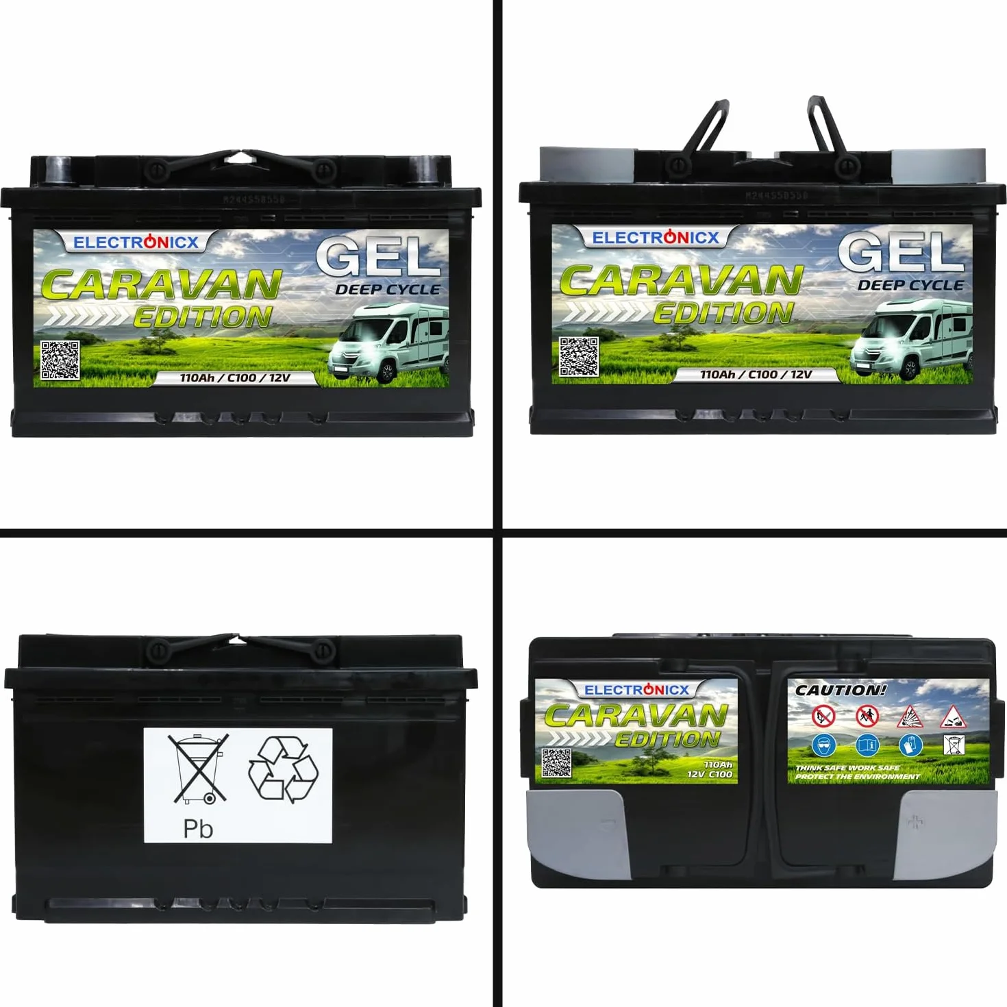 Electronicx GEL Akumulator zasilający 110Ah 12V Caravan Edition – 110 Ah C100 – Akumulator żelowy do kampera, łodzi, vana i systemów solarnych off-grid – 315×175×190 mm – bezobsługowy, szczelny