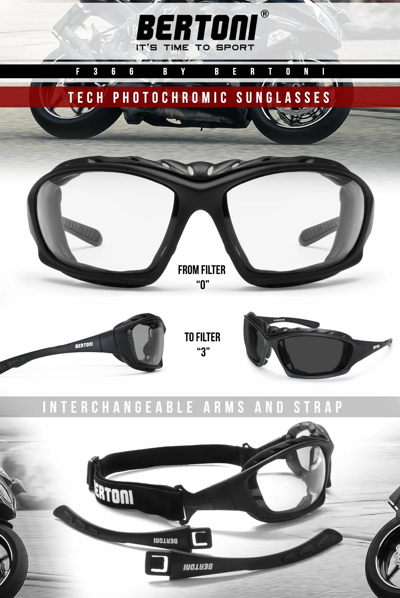 BERTONI Okulary motocyklowe fotochromowe ze zdejmowanym klipsem do soczewek optycznych - regulowany nosek - gogle motocyklowe 366