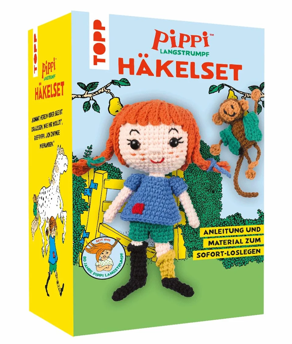 Pippi Langstrumpf - Das offizielle Häkelset zum 80. Geburtstag: Anleitung, Misch-Garn in 9 Farben, Füllwatte, Häkelnadel 3,0 mm, Sicherheitsaugen, Draht, Aufsteller