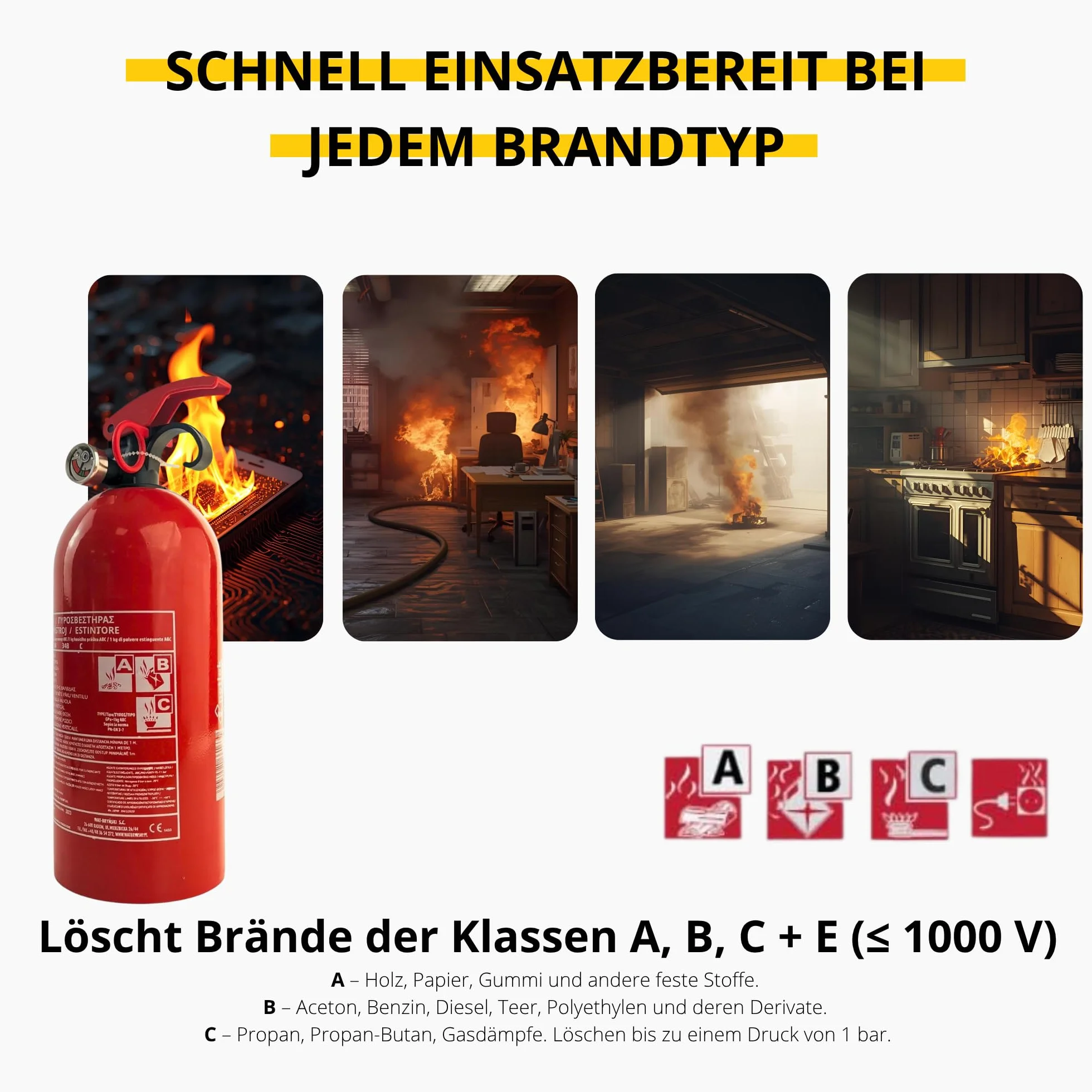 Gaśnica proszkowa 1 kg ABC + do urządzeń elektrycznych < 1000 V | + uchwyt samochodowy z rzepem | 3 lata gwarancji | Mała gaśnica ciśnieniowa idealna do domu, kuchni lub samochodu