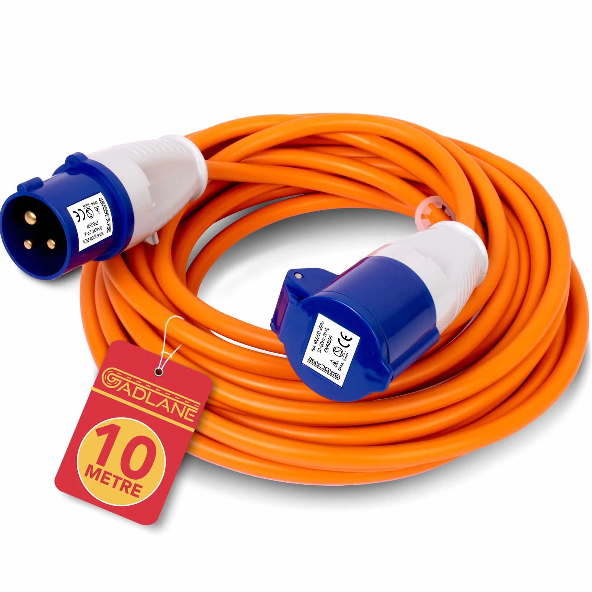 GADLANE CEE Przedłużacz 10 m, wytrzymały kabel do przyczepy kempingowej, 16 A, 240 V, dobrze widoczny w kolorze pomarańczowym, idealny do kampera (10 m)