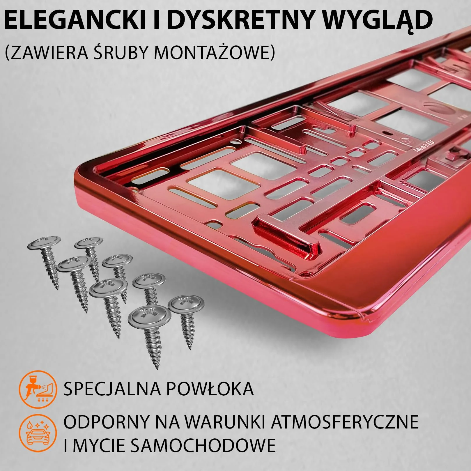 Uchwyt tablicy rejestracyjnej 520x110 mm czerwony chrom 8 śrub Ramka do tablic rejestracyjnych