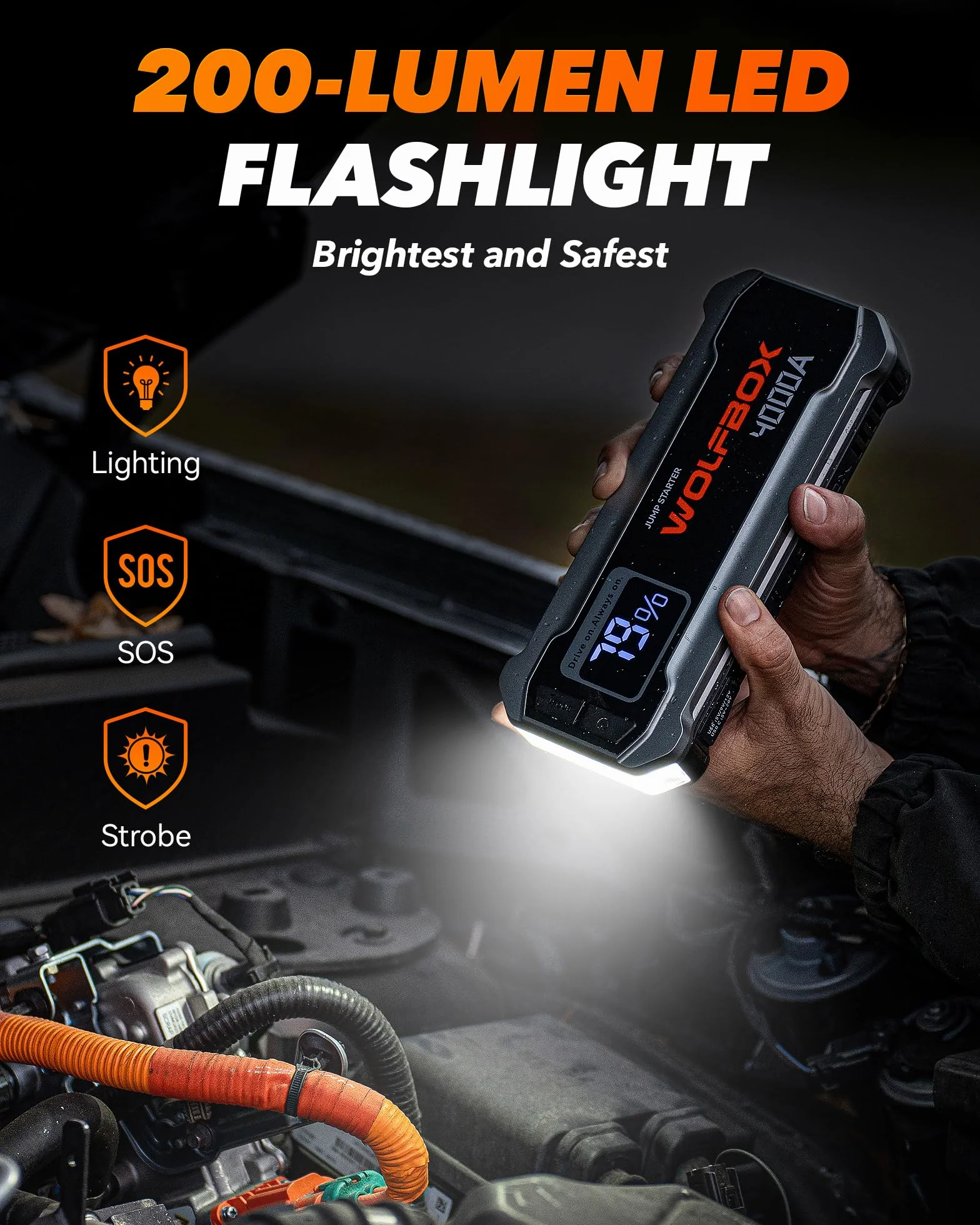 WOLFBOX 4000 A Jump Starter Power Pack, rozrusznik akumulatora samochodowego 12 V z szybką ładowarką 65 W, akumulator 24000 mAh (silnik wysokoprężny 10 l gazowy 10 l) ze światłem LED, wzmacniaczem