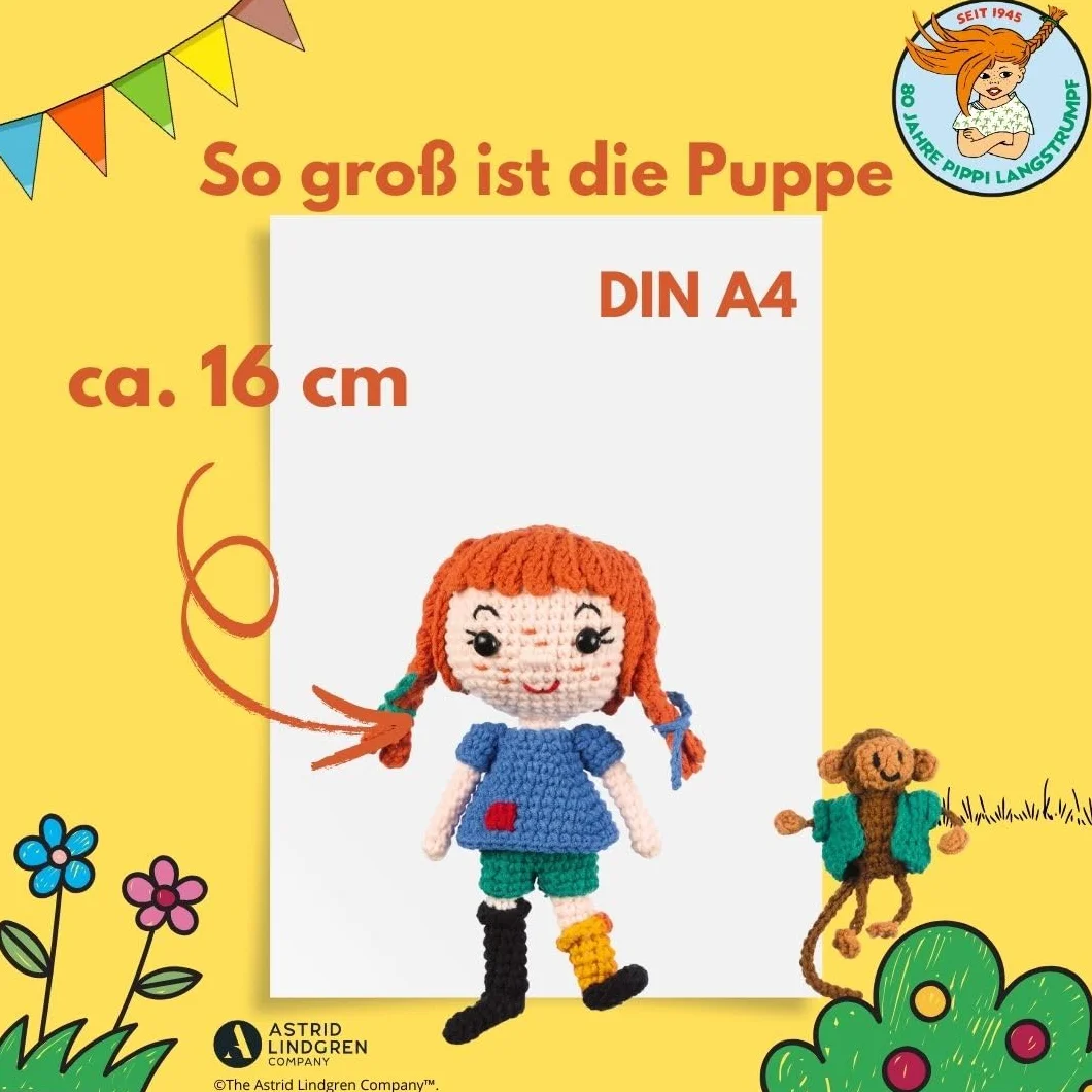 Pippi Langstrumpf - Das offizielle Häkelset zum 80. Geburtstag: Anleitung, Misch-Garn in 9 Farben, Füllwatte, Häkelnadel 3,0 mm, Sicherheitsaugen, Draht, Aufsteller