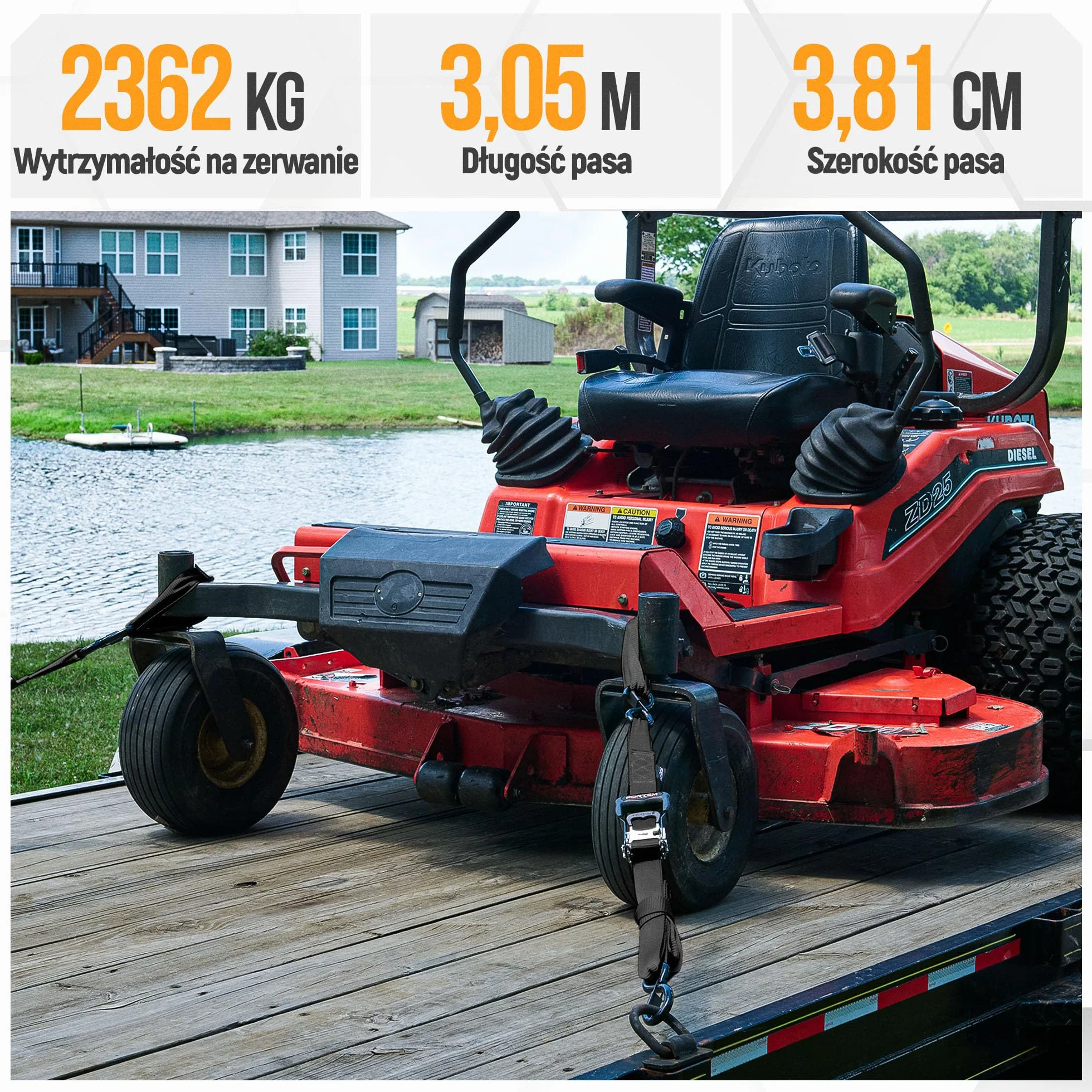 FORTEM Pas Transportowy, Pas Mocujący 2362 kg, Pas Transportowy z Napinaczem 304.8 cm, Pas Zabezpieczający Zestaw 4, Pas Transportowy z Klamrą, Gumowe Uchwyty, Powlekane Metalowe Haki, Futerał