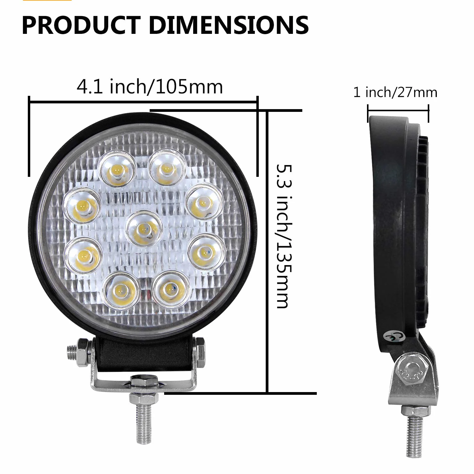 PICAA Reflektor LED 2PCS 4 cal 27W Okrągły LED Flood Light Ciągnik 12V-24V 6000K Reflektory LED do ciągników IP68 Wodoodporne światło przeciwmgielne Samochód,SUV, UTV, ATV,