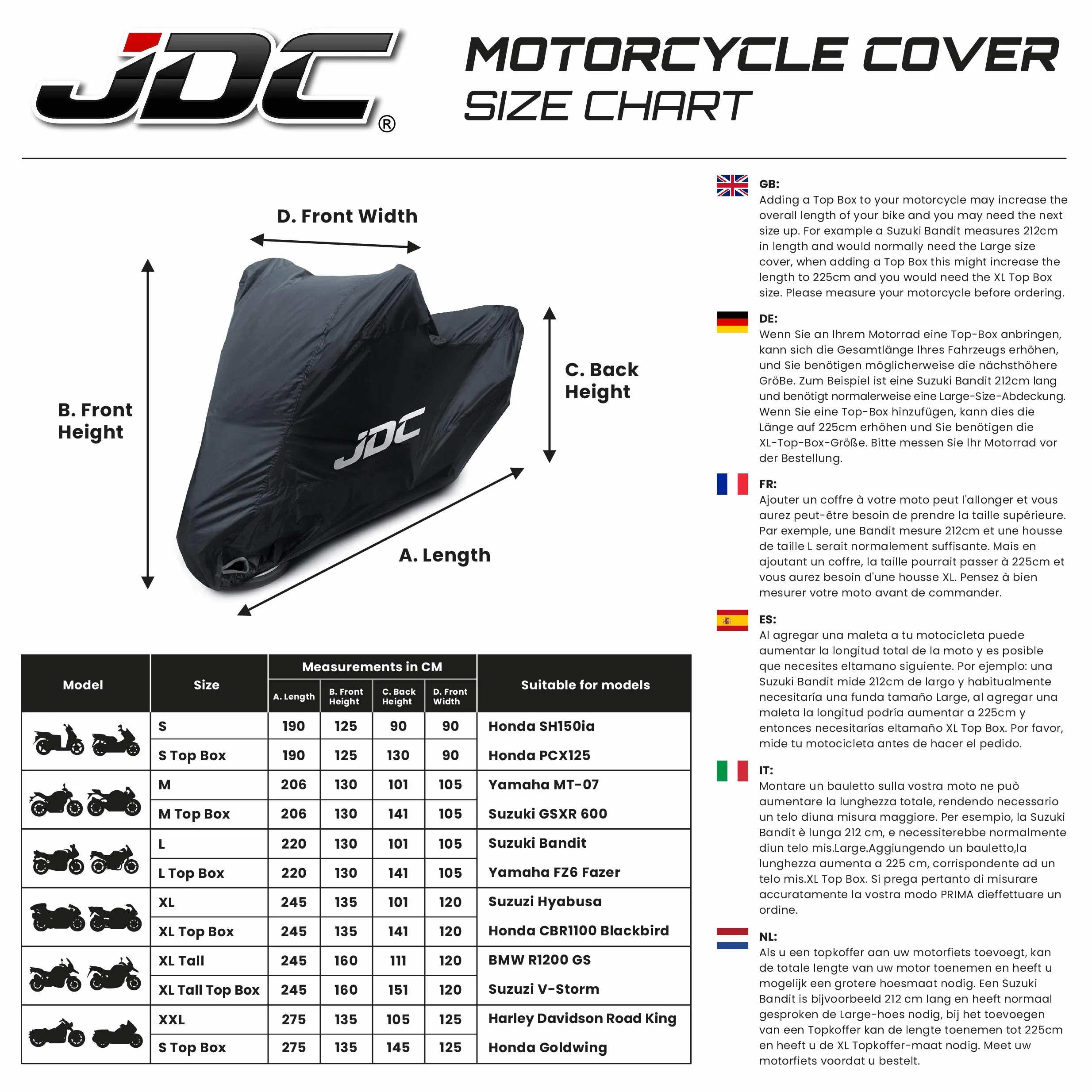 JDC Pokrowiec Motocyklowy w 100% Wodoodporny - (Wytrzymały, Miękka Podszewka, Panele Odporne na Ciepło, Klejone Szwy) – Ultimate Rain - L
