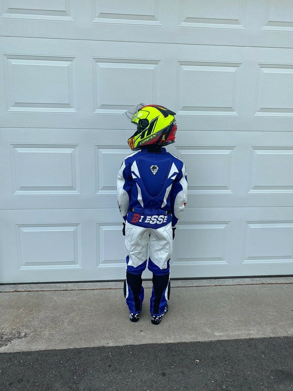 BI ESSE - Profesjonalny kombinezon dziecięcy mini motocyklowy ze skóry i Cordury z ochraniaczami CE (niebieski/biały, XL (10–11 lat), Niebieski/biały, XL (10-11 ans)