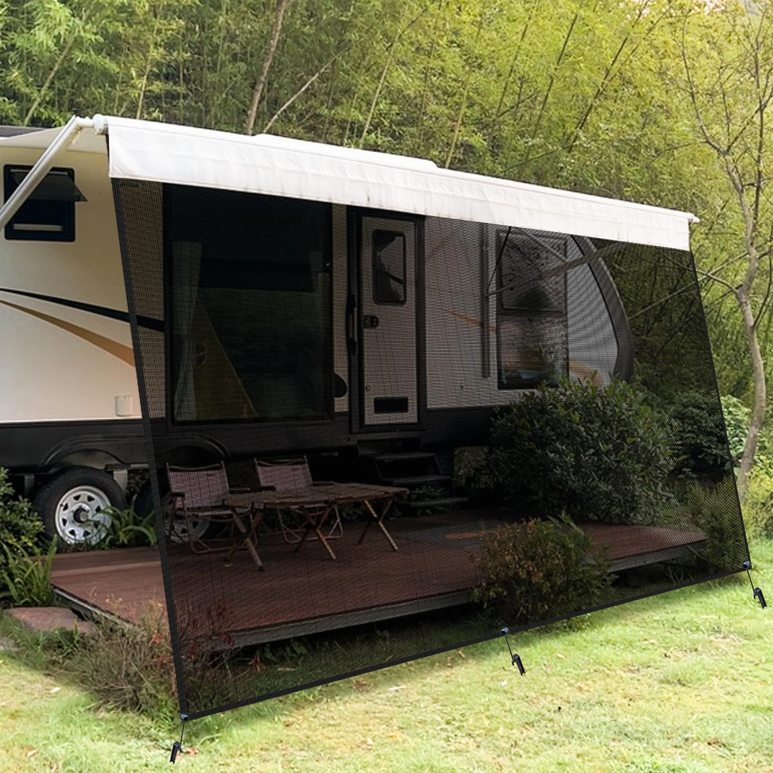 Osłona Przeciwsłoneczna Do Markizy Przyczepy Kempingowej 2,44m x 3,8m, Przewiewny Panel Przedni, Uniwersalna Osłona Widokowa Z Kompletnym Zestawem, 86% Ochrona UV, Odporna Na Wiatr I Deszcz