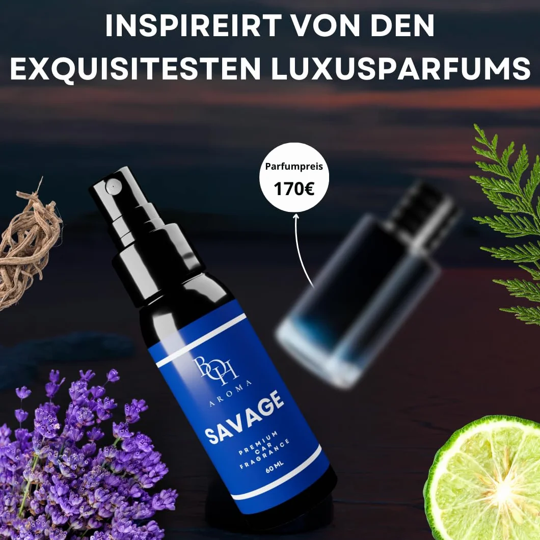 BOH-Aroma SAVAGE zapach samochodowy – odświeżacz powietrza do samochodu, neutralizuje zapachy w samochodzie, zapach samochodowy z własnymi perfumami, akcesoria samochodowe do wnętrz 60 ml