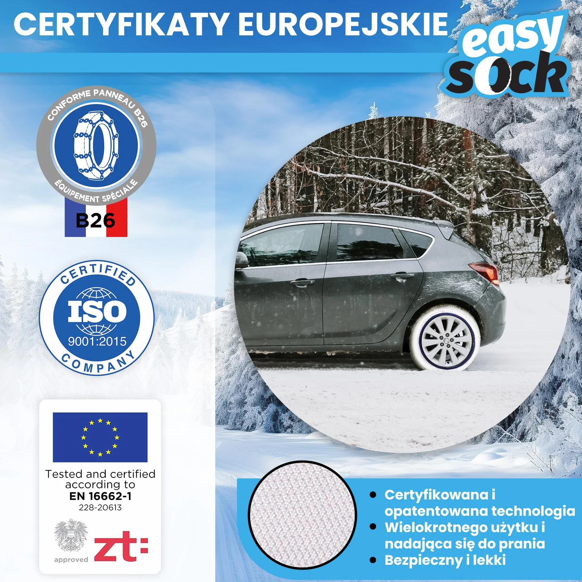 Easysock L - Tekstylne łańcuchy śniegowe do samochodu, Zatwierdzony zgodnie z normą EN 16662-1 - Tekstylne codzienne łańcuchy na śnieg i lód - 2 sztuki w zestawie
