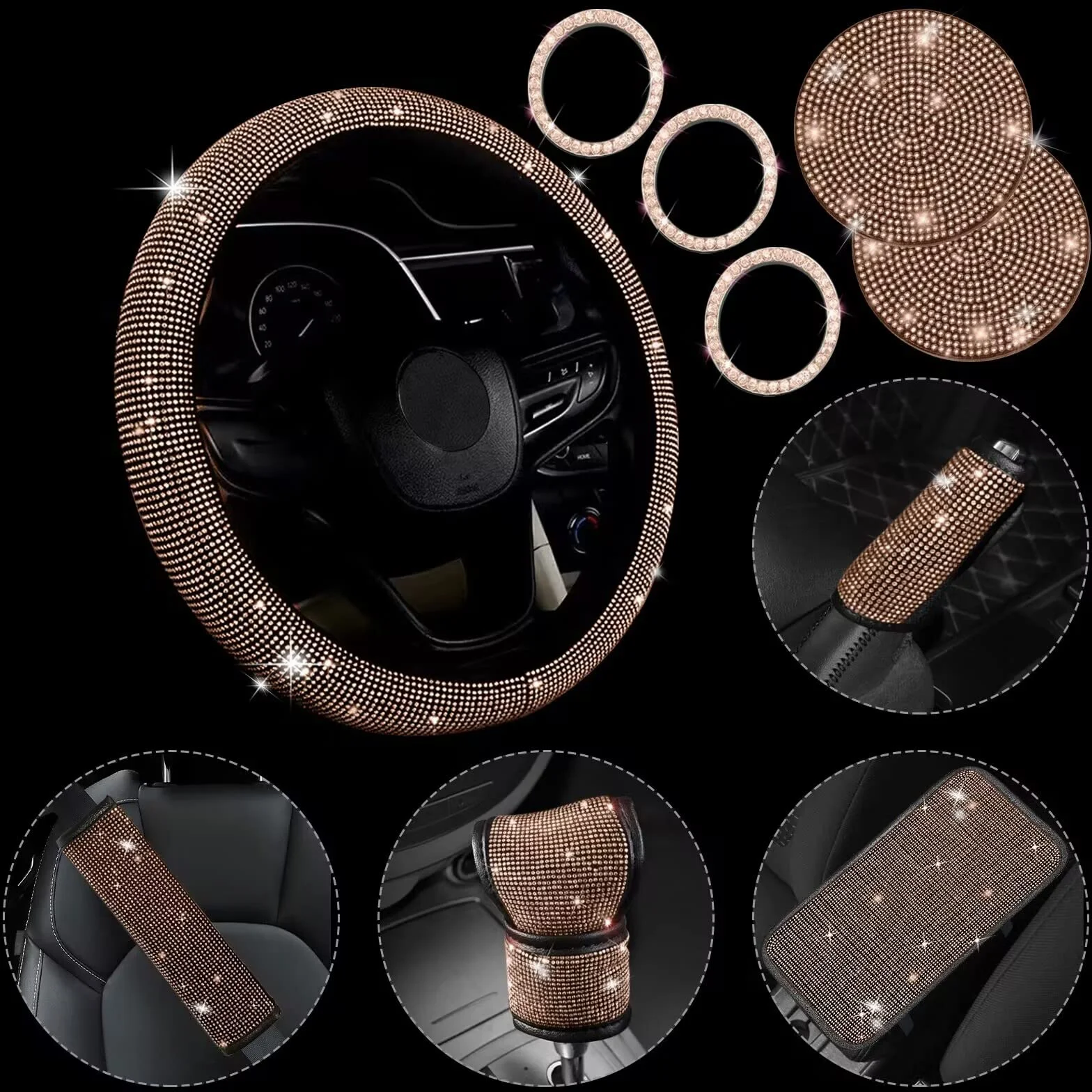 Bling zestaw akcesoriów samochodowych 38 cm, błyszcząca osłona na kierownicę, osłona konsoli środkowej ze strasu