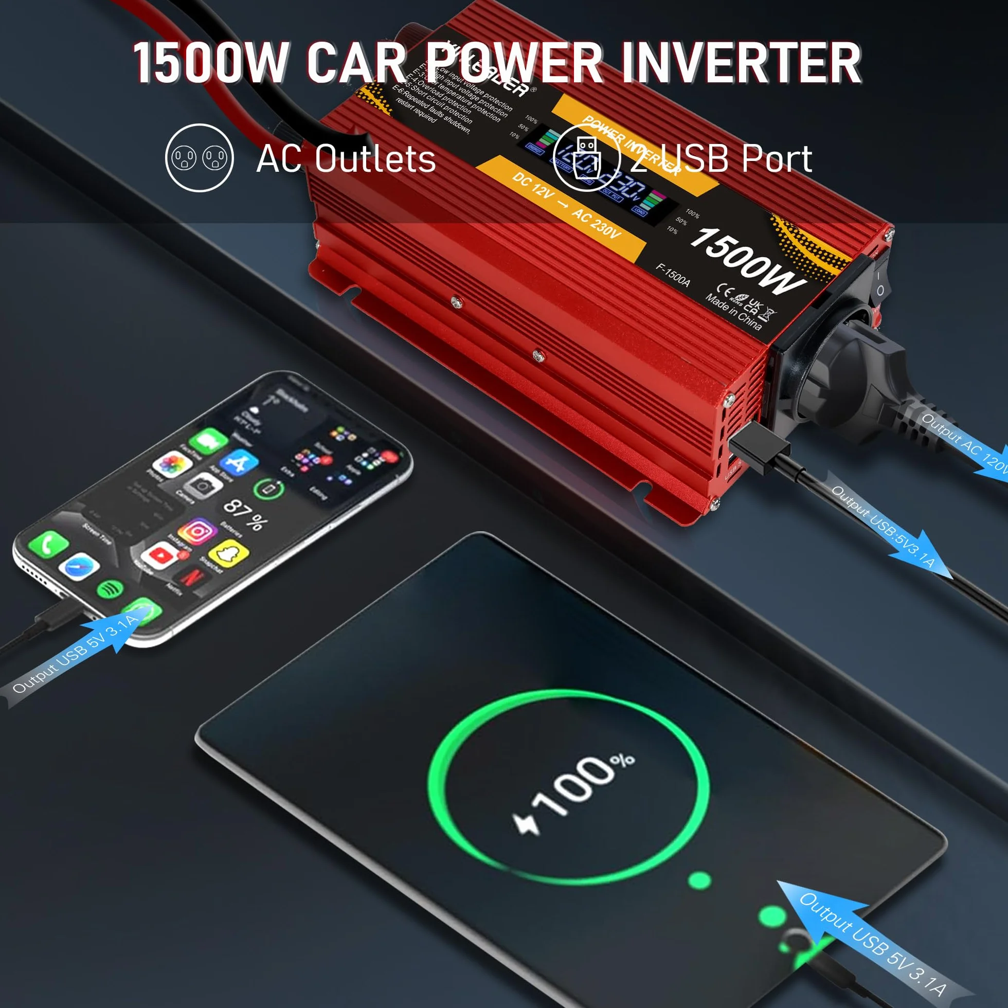 Przetwornica napięcia 1500W 12V 230V falownik z dużym wyświetlaczem