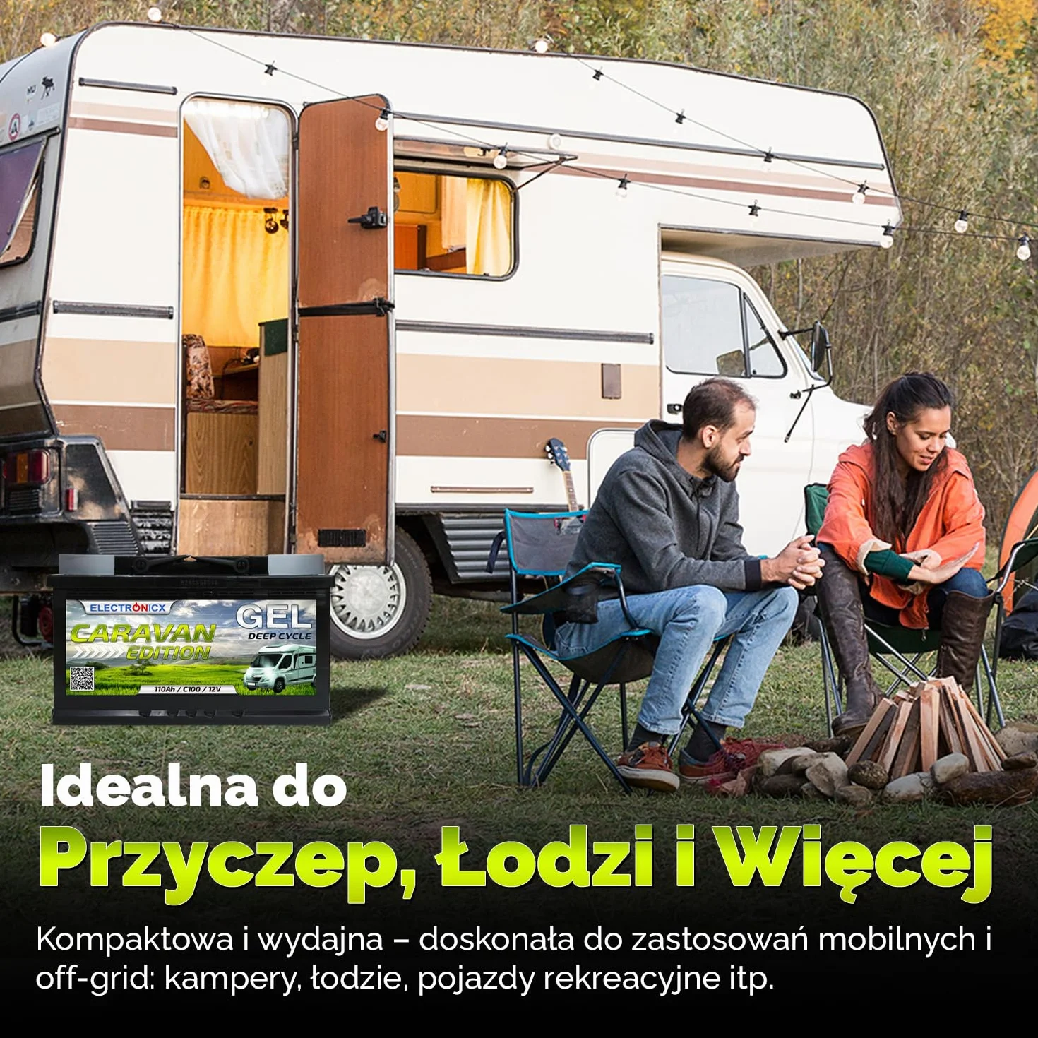 Electronicx GEL Akumulator zasilający 110Ah 12V Caravan Edition – 110 Ah C100 – Akumulator żelowy do kampera, łodzi, vana i systemów solarnych off-grid – 315×175×190 mm – bezobsługowy, szczelny