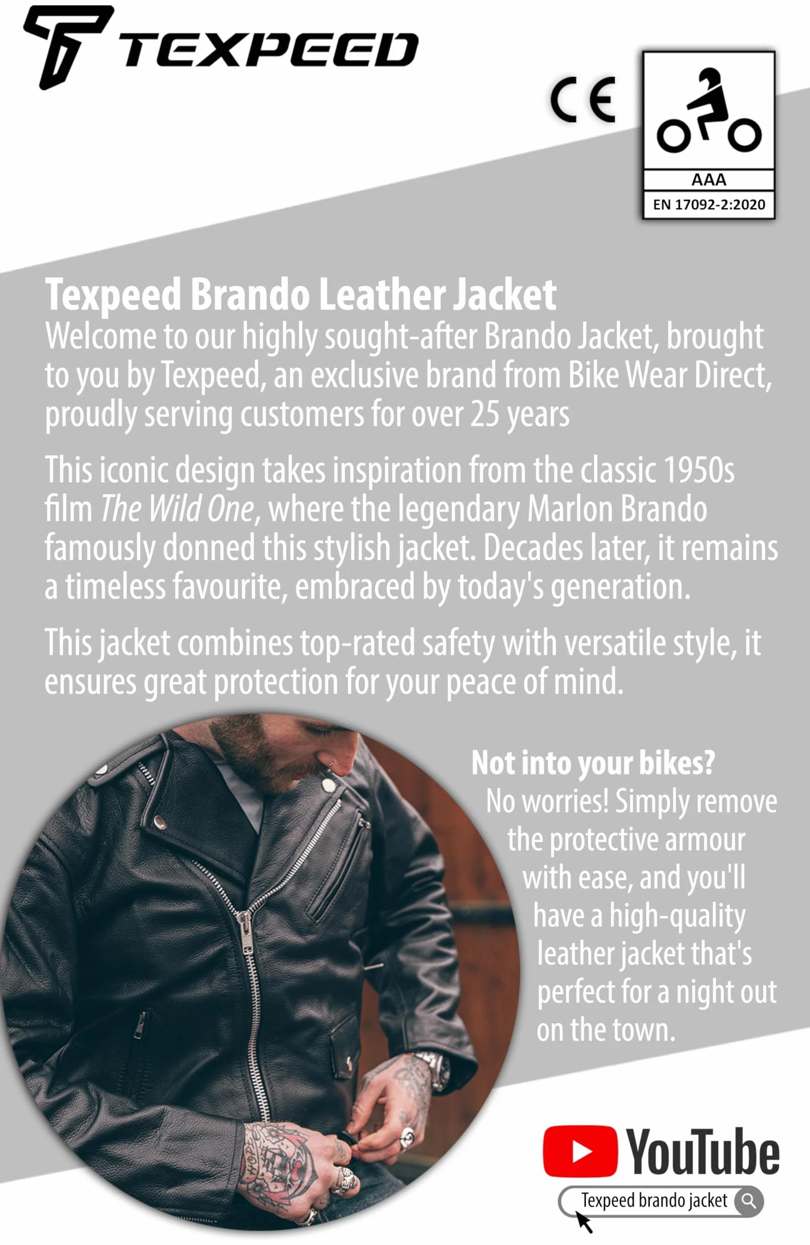 Kurtka motocyklowa męska skóra z pancerzem Marlon Brando Perfecto retro chopper CE Armor biker EN 1621-1 Texpeed Czarny XL