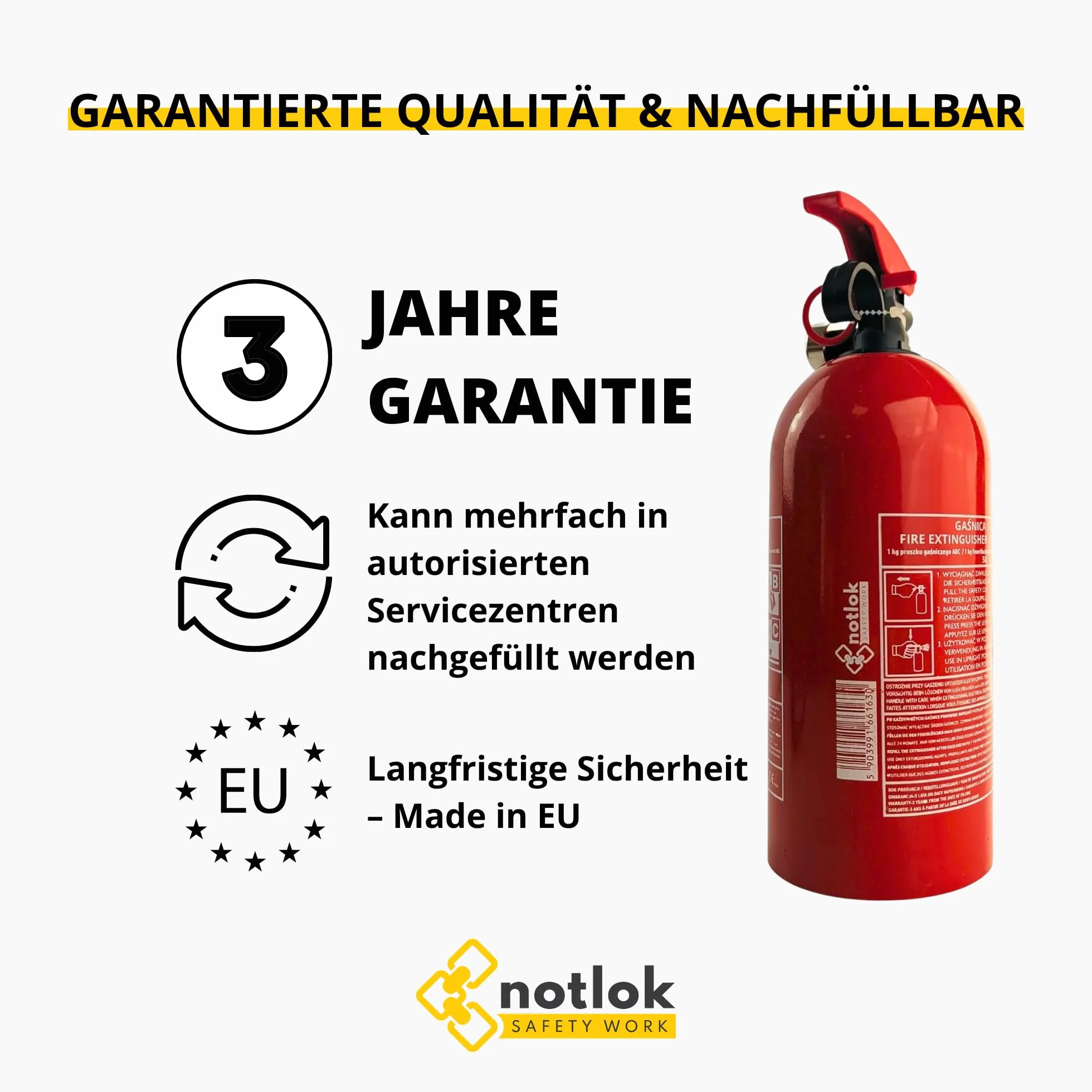 Gaśnica proszkowa 1 kg ABC + do urządzeń elektrycznych < 1000 V | + uchwyt samochodowy z rzepem | 3 lata gwarancji | Mała gaśnica ciśnieniowa idealna do domu, kuchni lub samochodu
