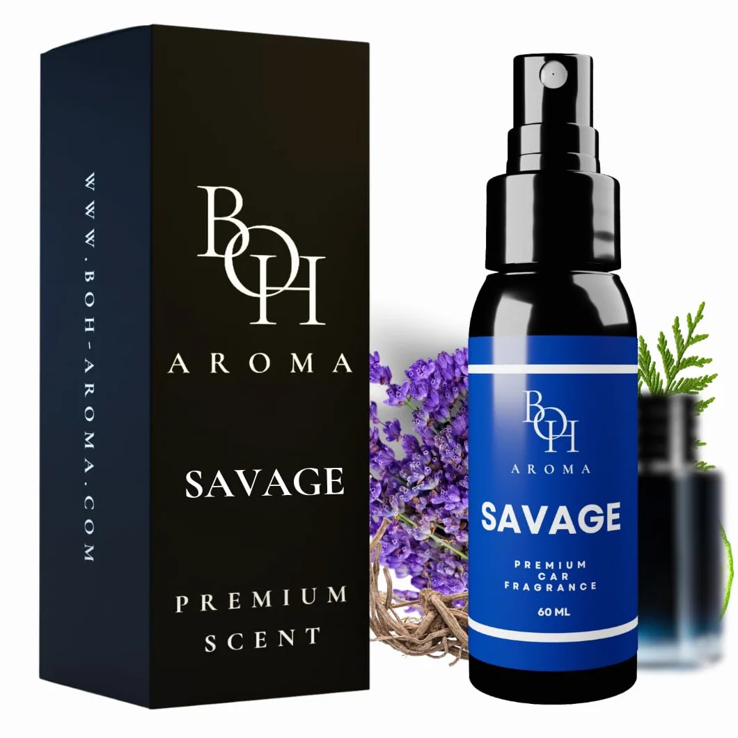 BOH-Aroma SAVAGE zapach samochodowy – odświeżacz powietrza do samochodu, neutralizuje zapachy w samochodzie, zapach samochodowy z własnymi perfumami, akcesoria samochodowe do wnętrz 60 ml