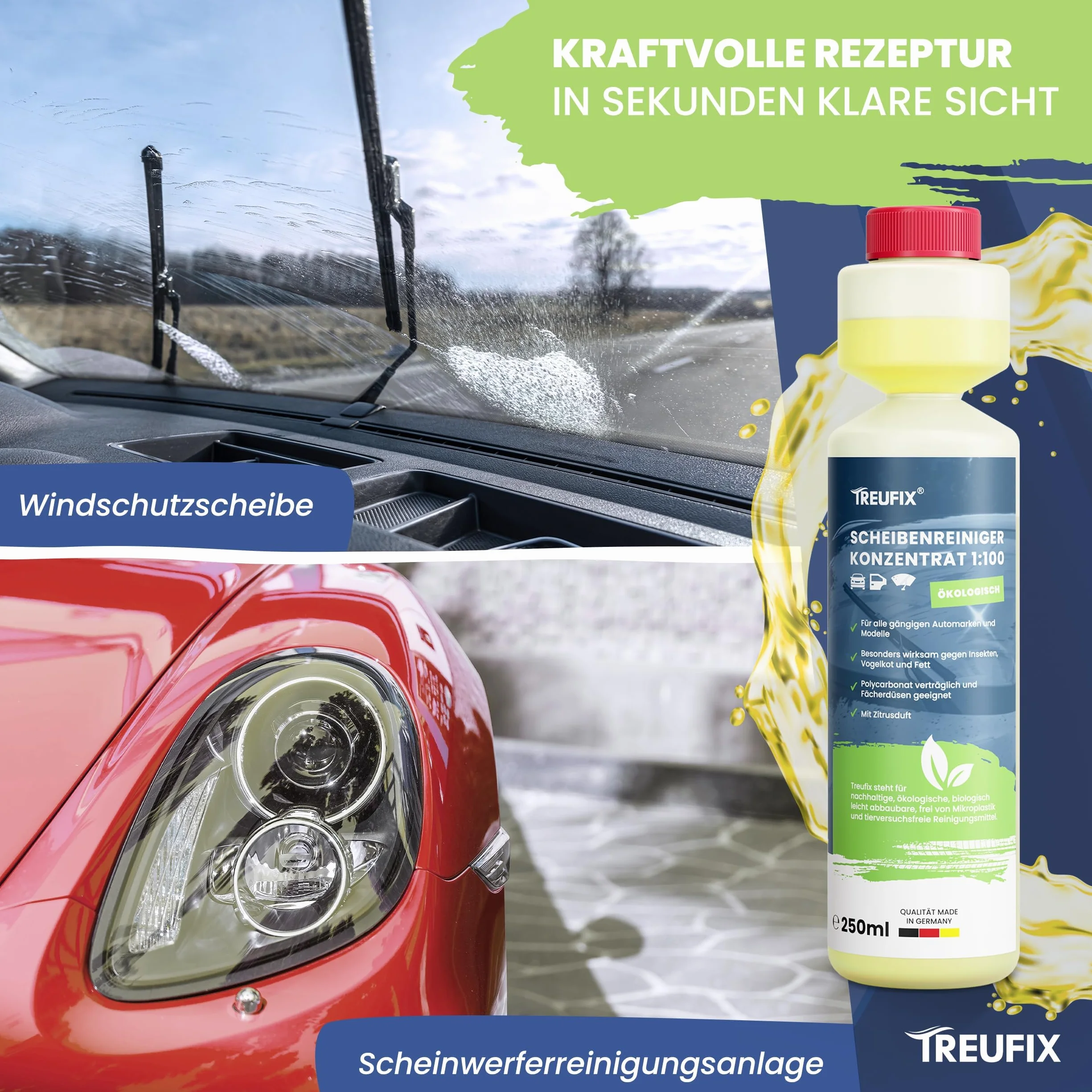 Treufix Koncentrat płynu do spryskiwaczy 250ml Premium środek do czyszczenia szyb samochodowych do wszystkich systemów spryskiwaczy szyb i systemów czyszczenia reflektorów dla maksymalnej widoczności