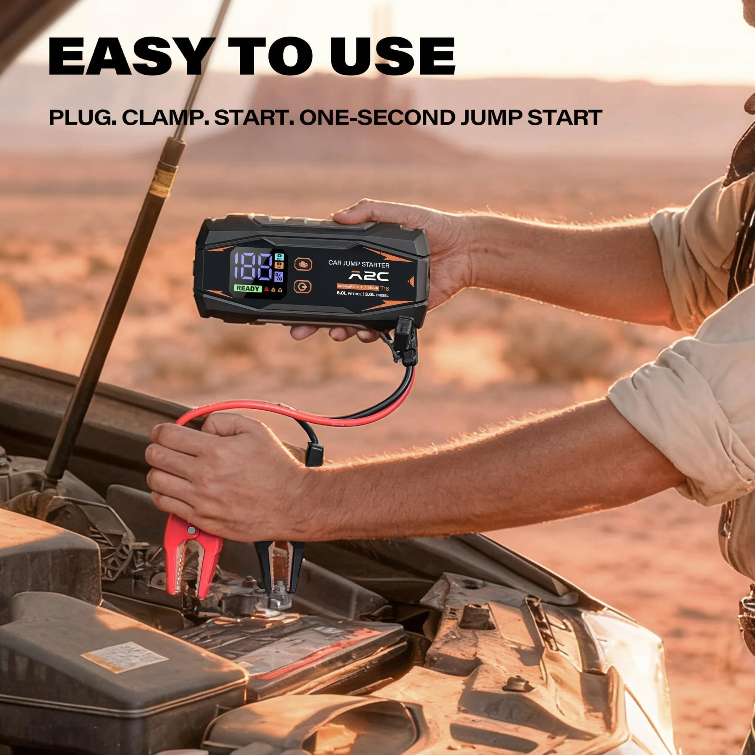 A2C 1500A Jump Starter, 12V (do 6 l lub olej napędowy 3L), Power Bank 12000mAh (PD/QC 3.0) z 3 portami USB C, rozrusznik samochodowy z przewodami rozruchowymi, wyświetlaczem LED i światłem