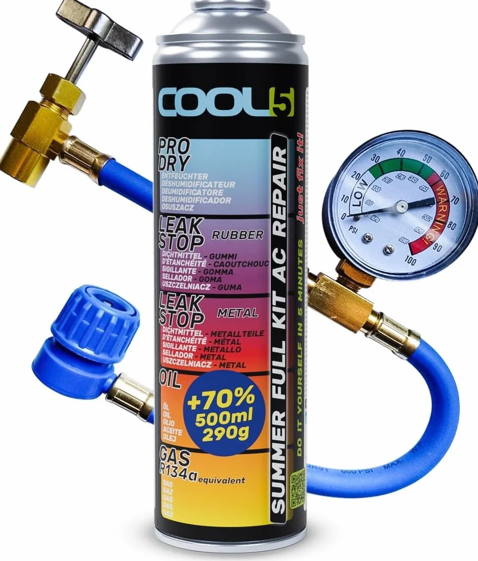 Zamiennik czynnika chłodniczego R134a do klimatyzacji samochodowej – 1 puszka 5w1, 290 g + przewód ciśnieniowy z manometrem
