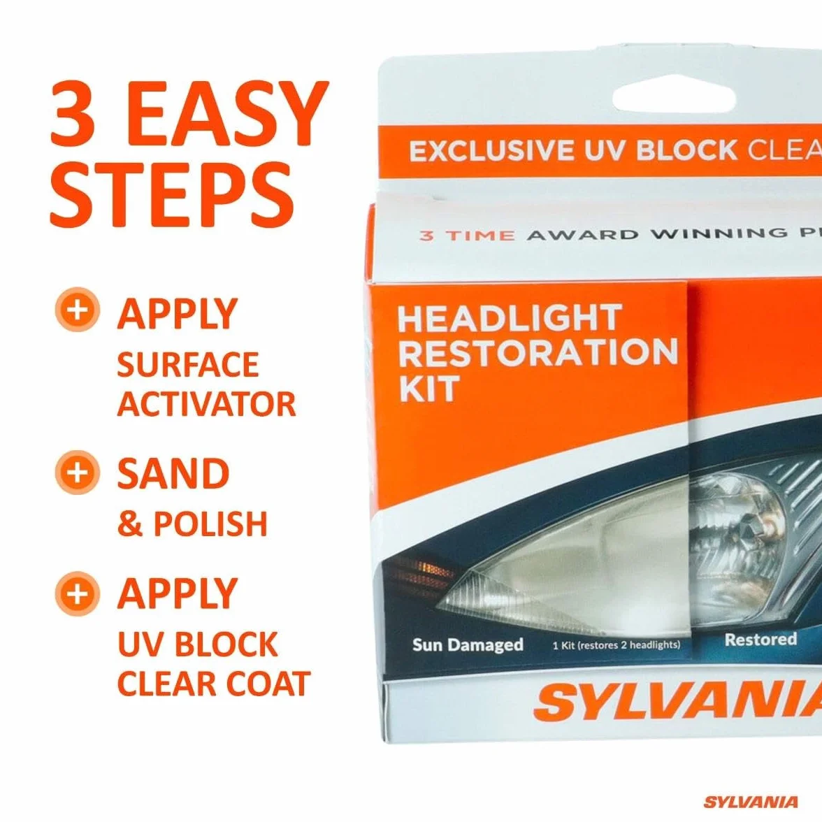 Sylvania Headlight Restoration Kit - 6 Pack - Restore Sun Damaged Headlights with Exclusive UV Block Clear Coat, Light Output and Beam Pattern Restored, Long Lasting Protection