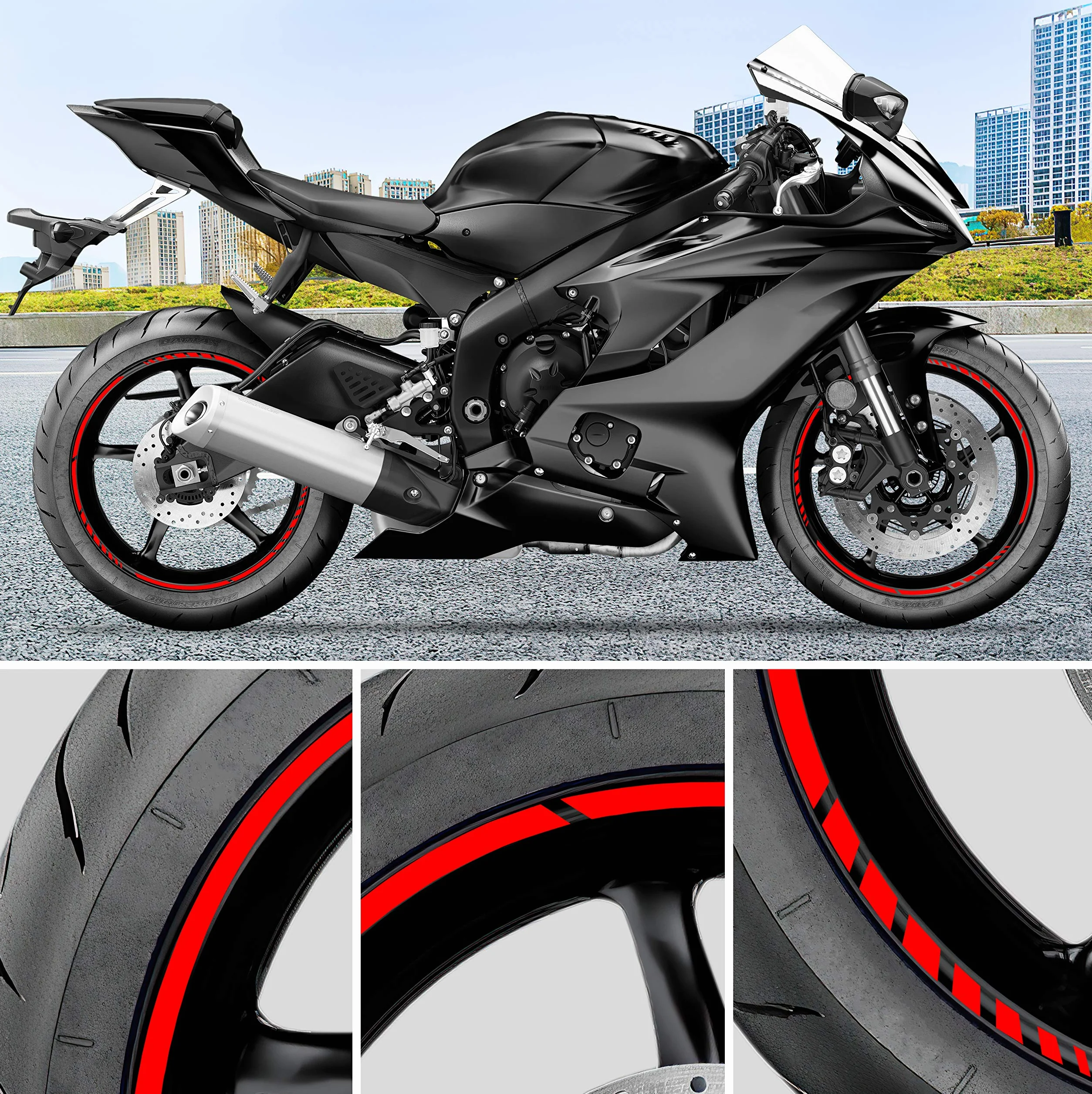 Naklejki na Felgi Motocyklowe Zestaw Pełny 15"-19" Czerwone Sportowe Odporne na Deszcz Słońce Tłuszcz Olej