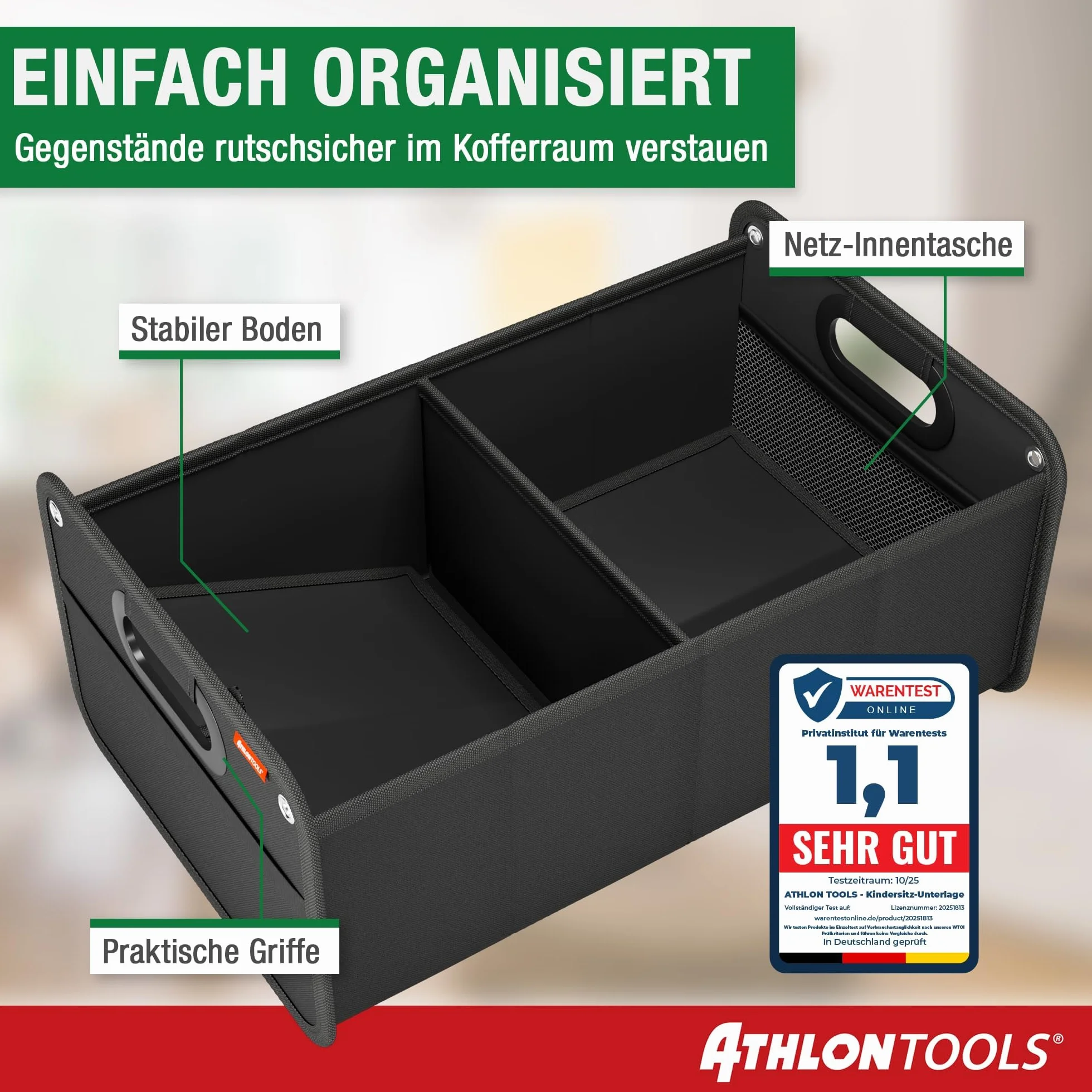 ATHLON TOOLS Składana torba do bagażnika, organizer do bagażnika, pojemnik samochodowy, wzmocniona i stabilna torba z antypoślizgowym zapięciem na rzep