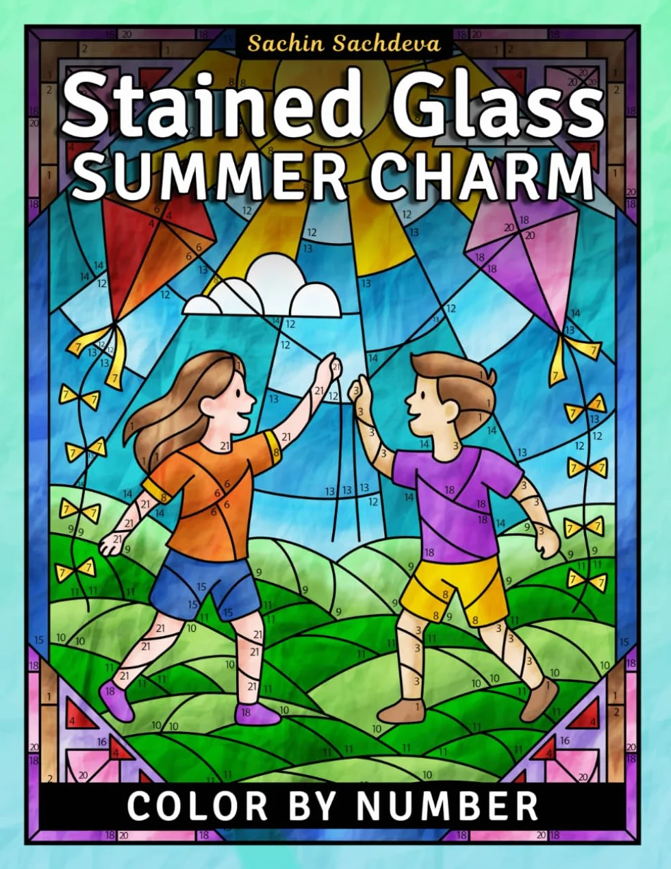 Stained Glass Summer Charm: Color by Number Coloring Book for Adults, Window Designs and Mindful Patterns for Stress Relief and Relaxation