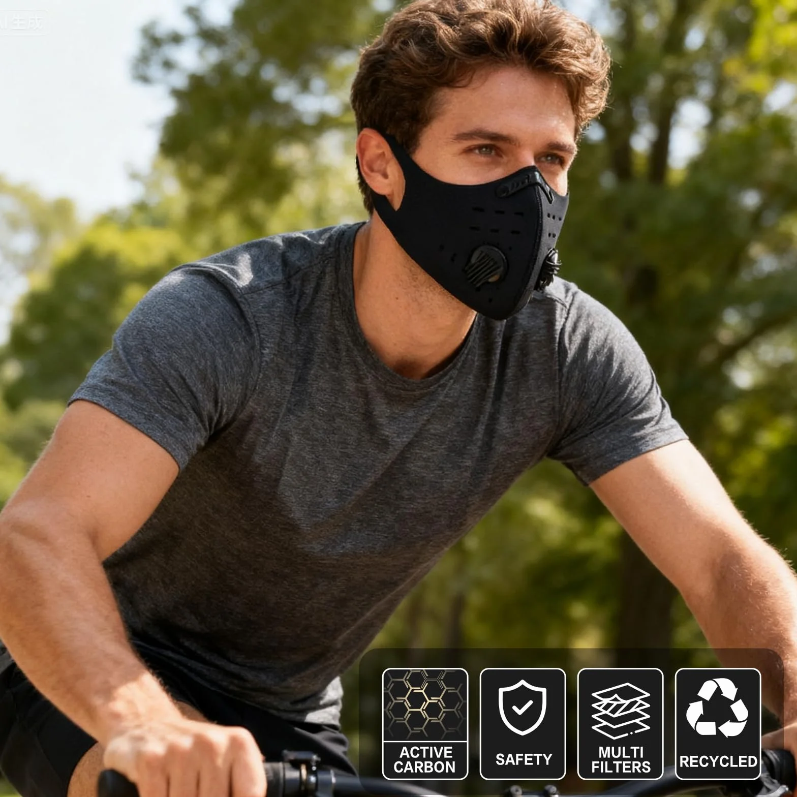 Maski na twarz, pyłoszczelna maska sportowa, wielokrotnego użytku, maska zapobiegająca zanieczyszczeniom z 5 filtrami z węglem aktywnym i 2 zaworami, do jazdy na motocyklu, obróbki drewna