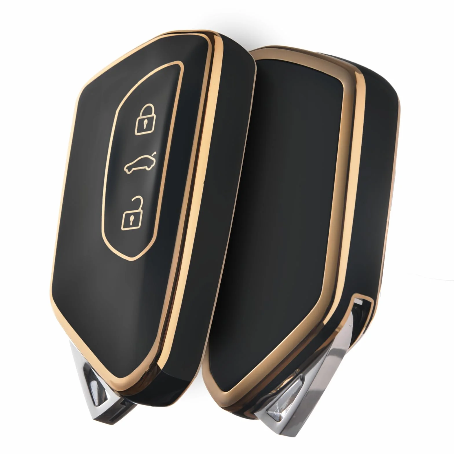 OATSBASF Etui na kluczyki samochodowe do VW, TPU silikonowe etui na klucze, kompatybilne z Golf 8, ID3, ID4, GTI, GTE, Seat Leon MK4, Tarraco, Ateca i Skoda Octavia (złote obramowanie, czarne)