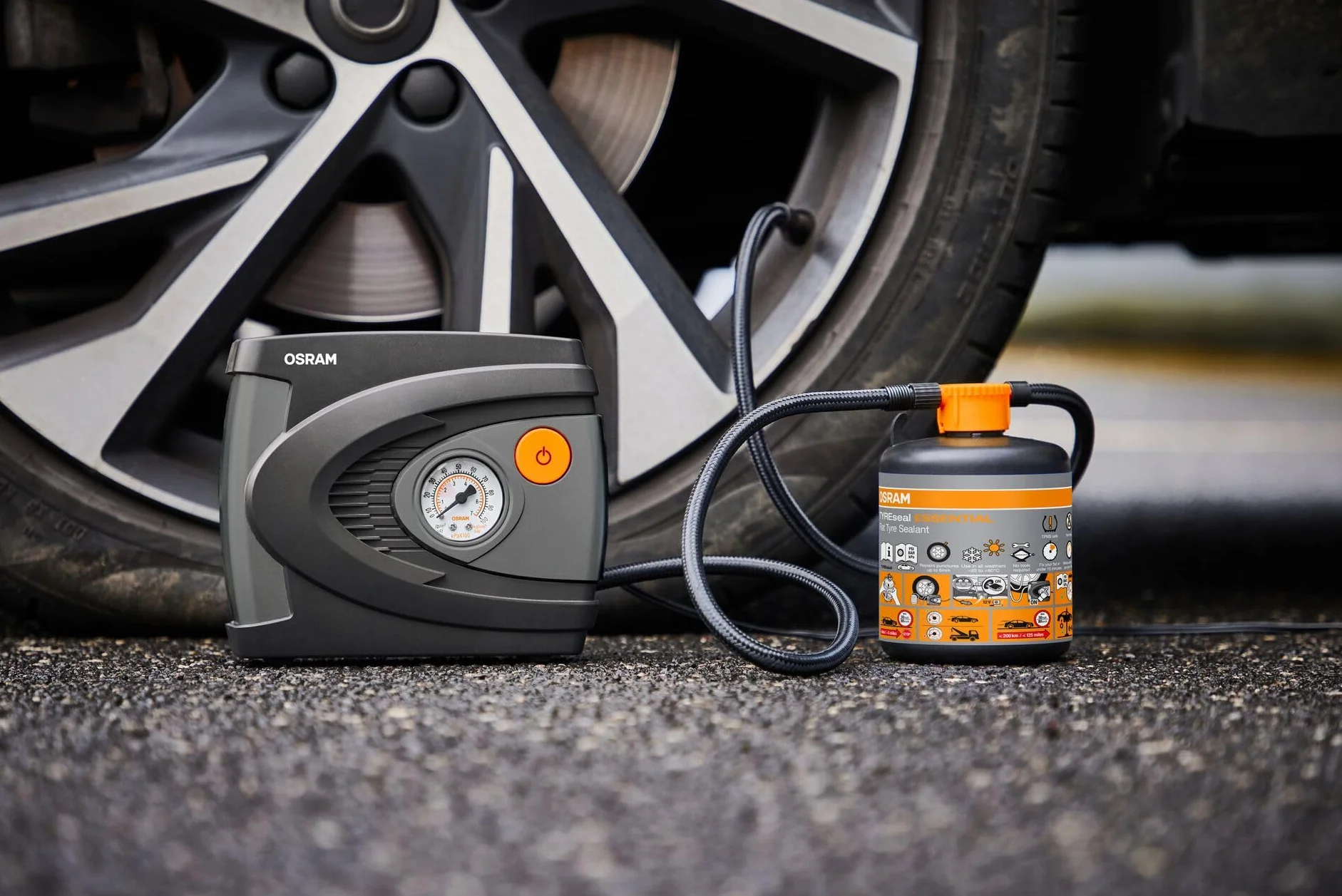 OSRAM TYREseal KIT ESSENTIAL, uszczelniacz do opon 450 ml, kompresor analogowy, TPMS Safe, zestaw